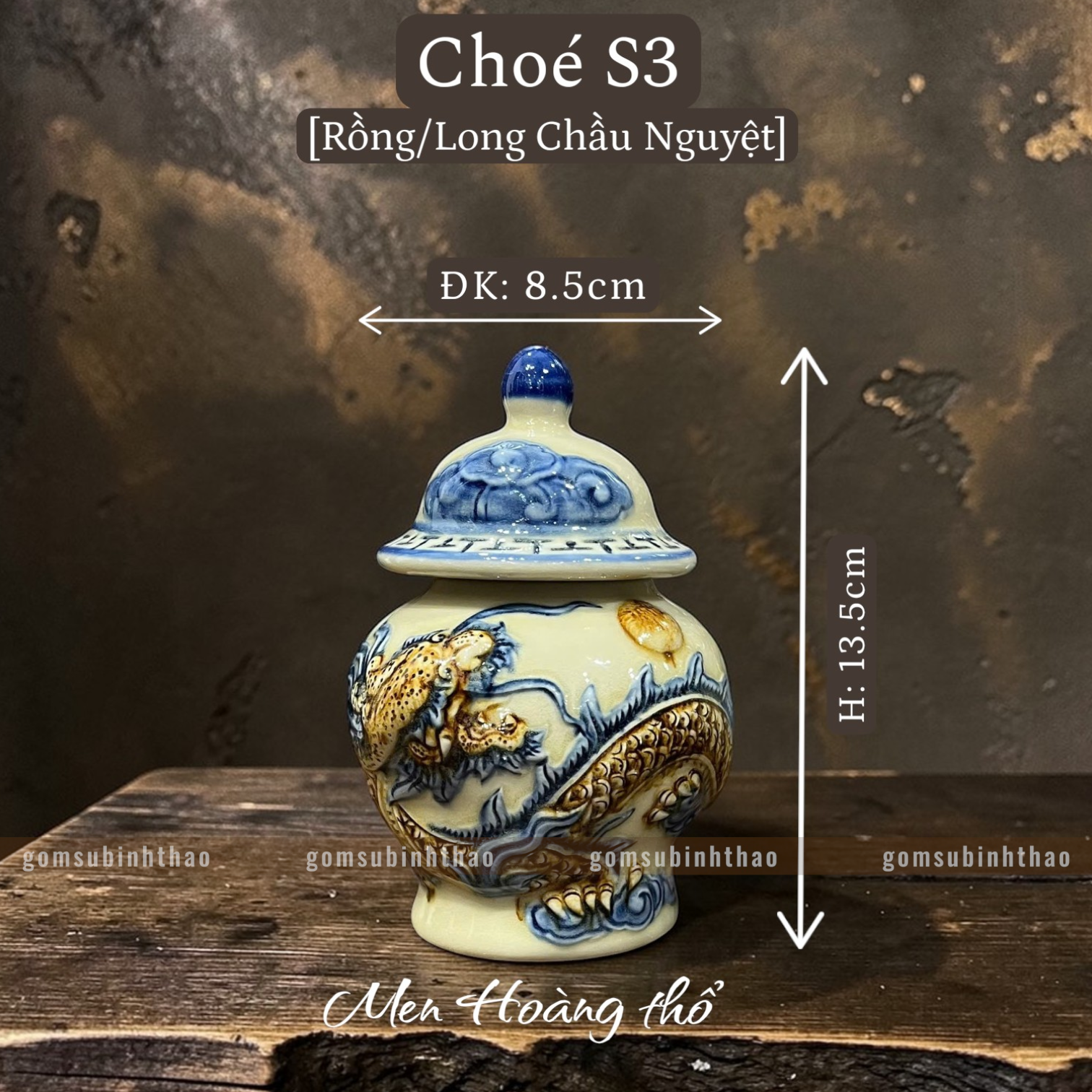  Chóe thờ Rồng Men hoàng thổ Đắp nổi Cao cấp - Gốm Nghệ nhân Bát Tràng 