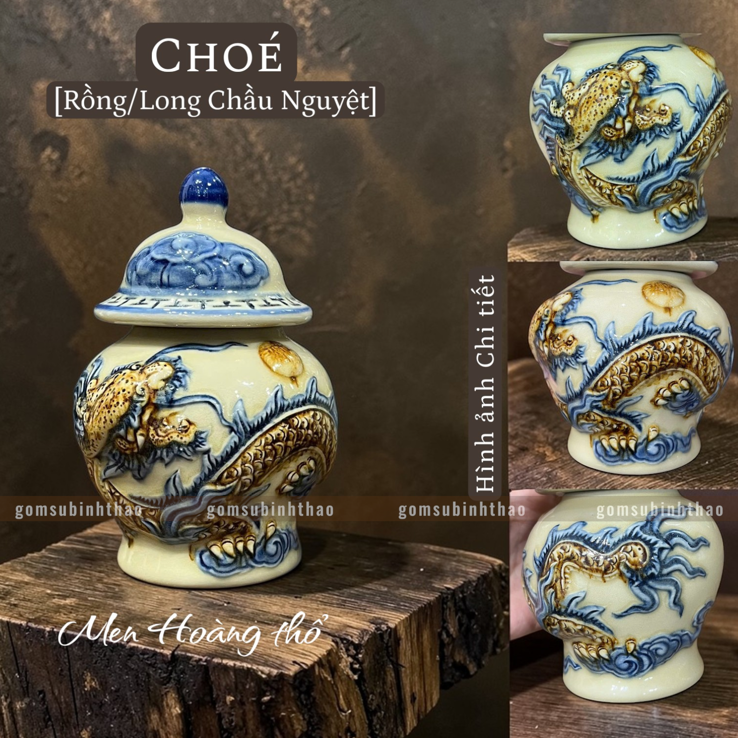  Chóe thờ Rồng Men hoàng thổ Đắp nổi Cao cấp - Gốm Nghệ nhân Bát Tràng 