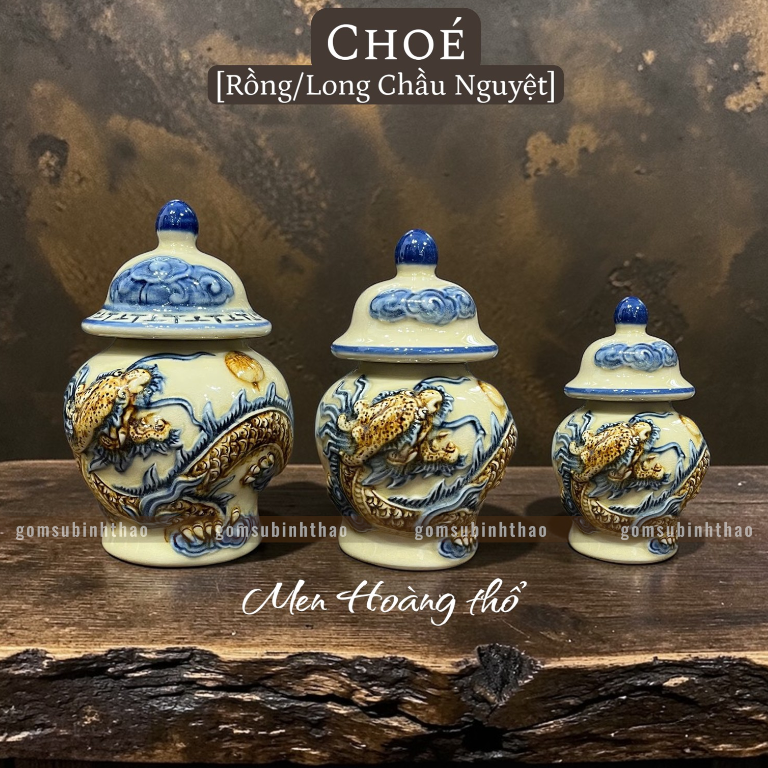  Chóe thờ Rồng Men hoàng thổ Đắp nổi Cao cấp - Gốm Nghệ nhân Bát Tràng 