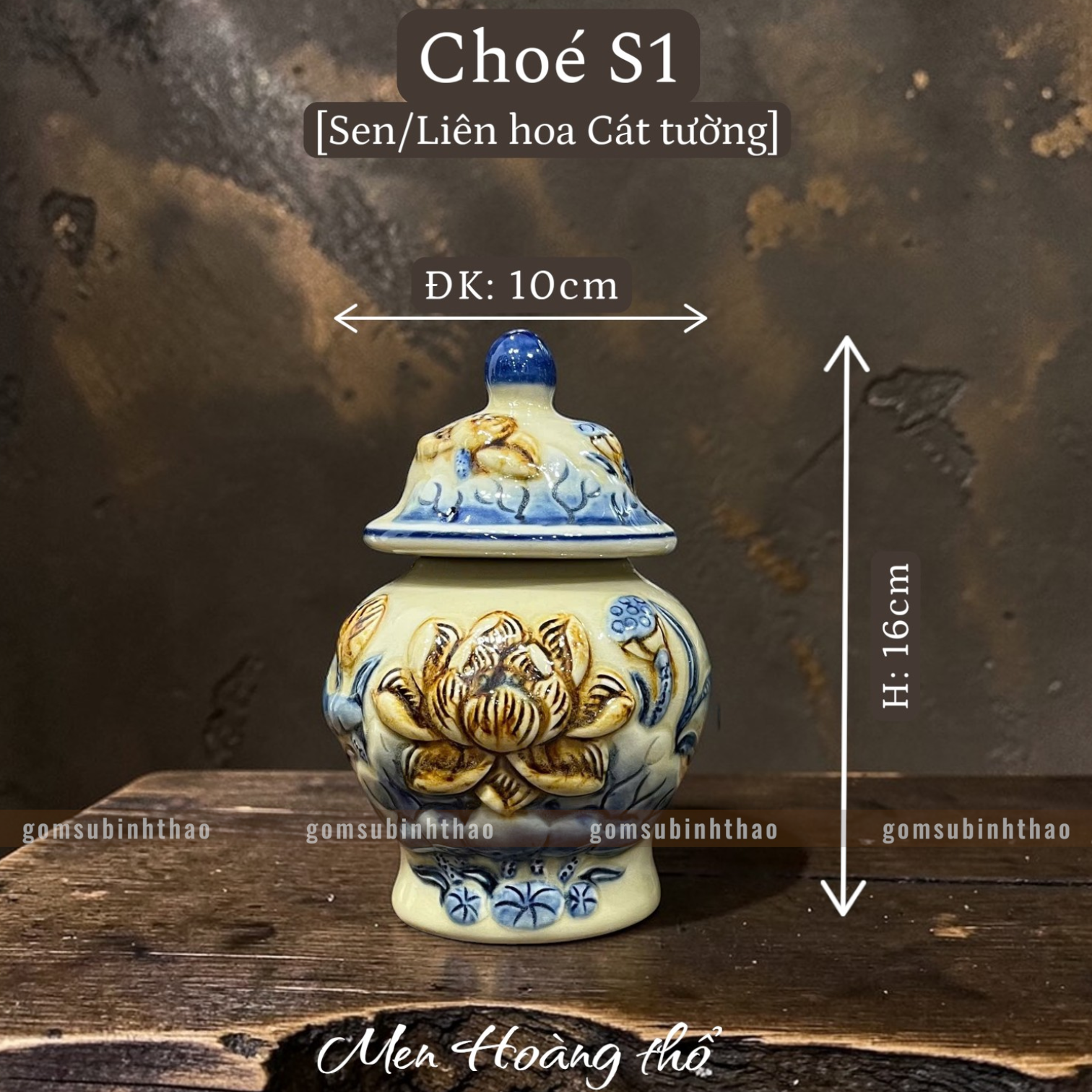  Chóe thờ Sen Men hoàng thổ Đắp nổi Cao cấp - Gốm Nghệ nhân Bát Tràng 