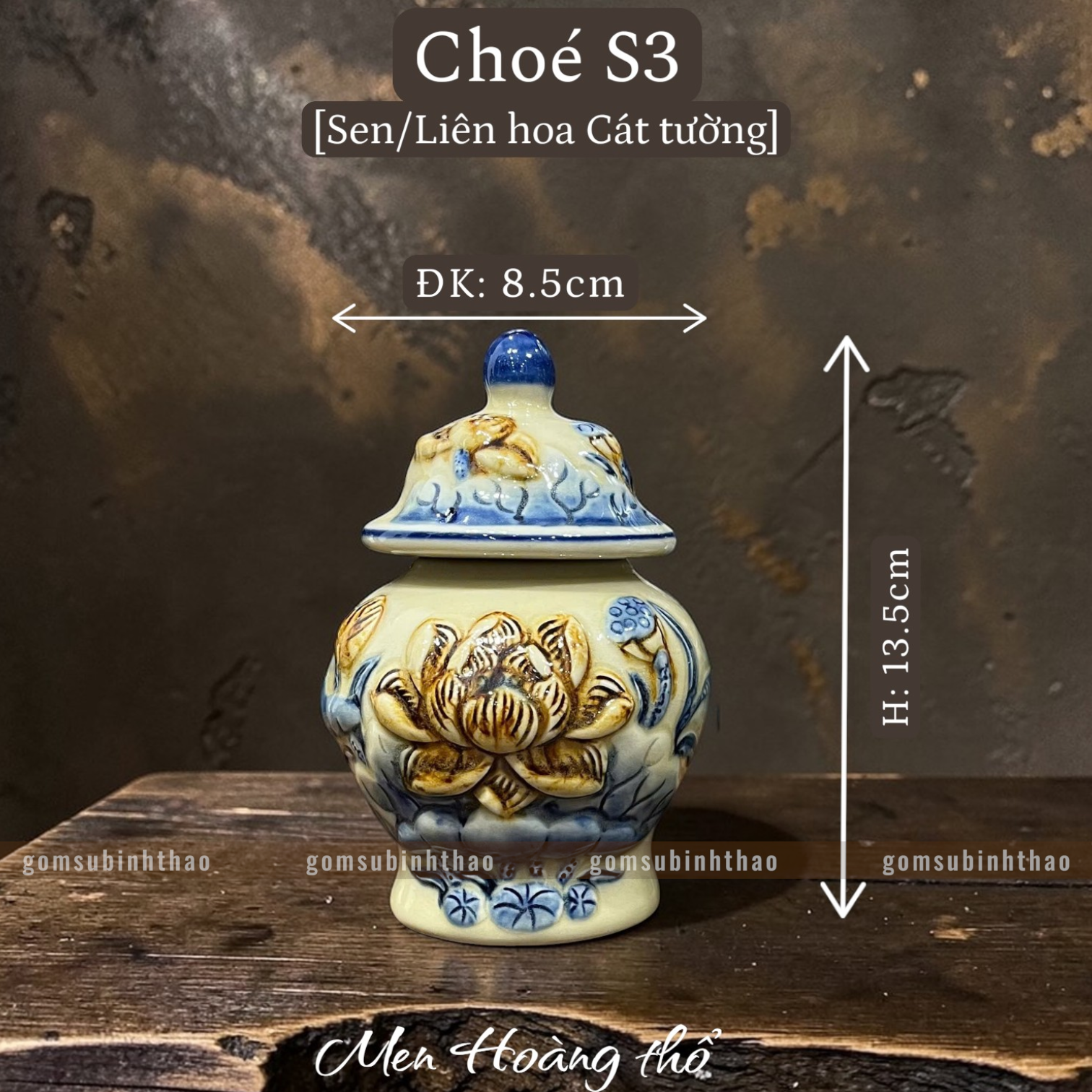  Chóe thờ Sen Men hoàng thổ Đắp nổi Cao cấp - Gốm Nghệ nhân Bát Tràng 