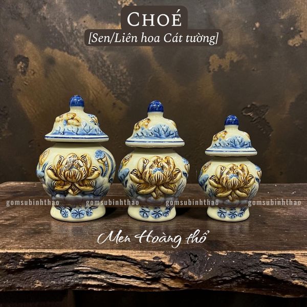  Chóe thờ Sen Men hoàng thổ Đắp nổi Cao cấp - Gốm Nghệ nhân Bát Tràng 