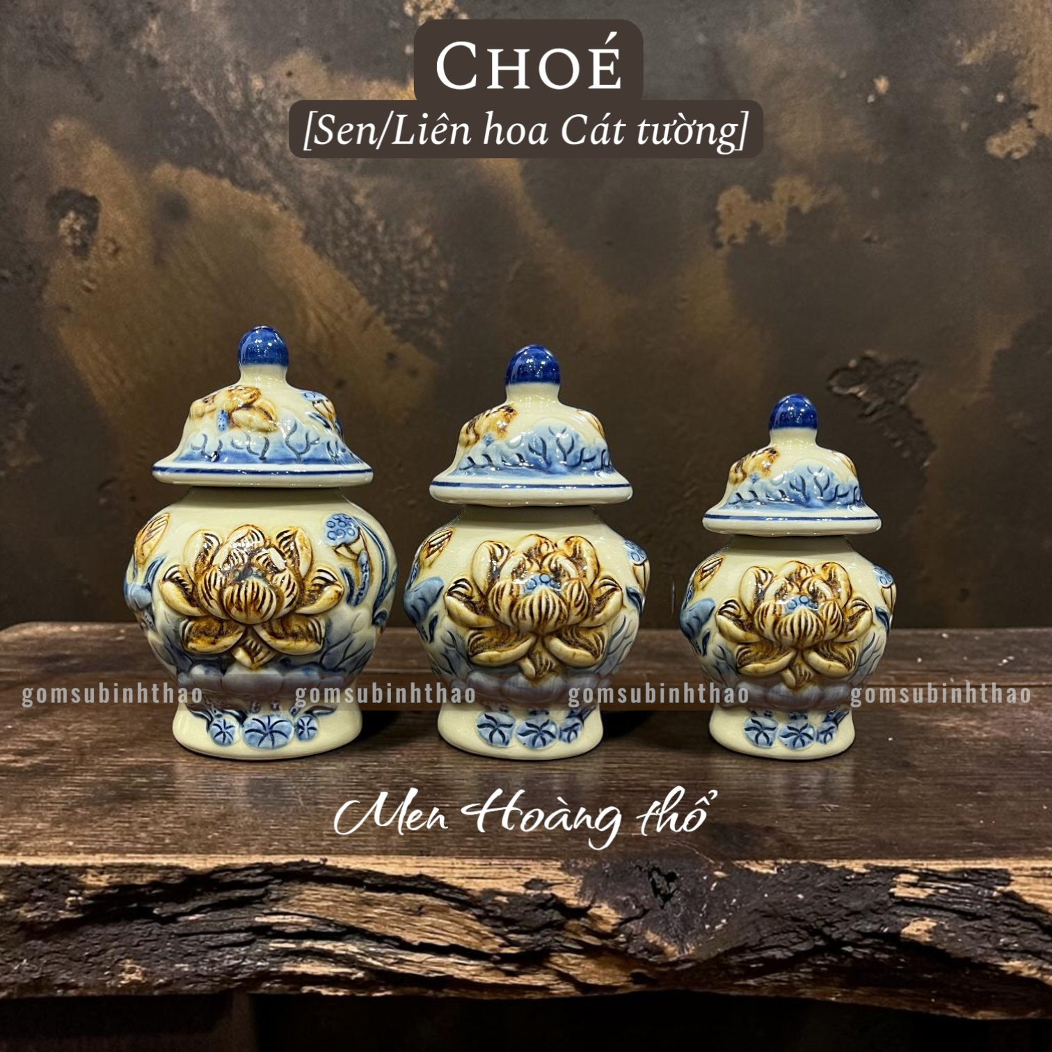  Chóe thờ Sen Men hoàng thổ Đắp nổi Cao cấp - Gốm Nghệ nhân Bát Tràng 