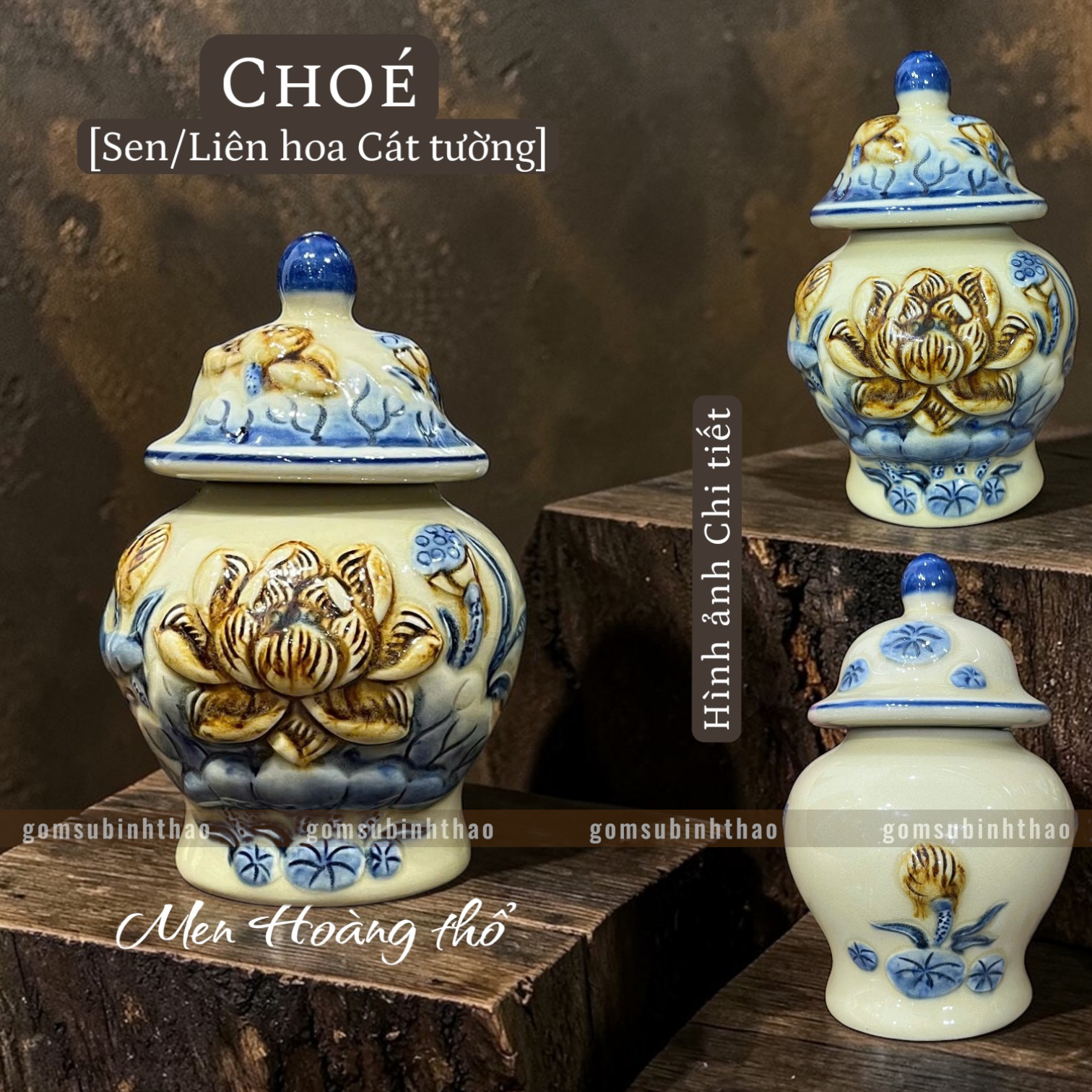  Bộ đồ thờ 1 Bát hương Gốm sứ Bát Tràng Men Hoàng thổ Đắp nổi - Hàng chuẩn Nghệ nhân HTBT09 