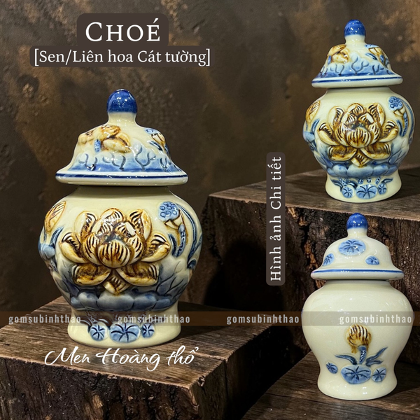  Chóe thờ Sen Men hoàng thổ Đắp nổi Cao cấp - Gốm Nghệ nhân Bát Tràng 