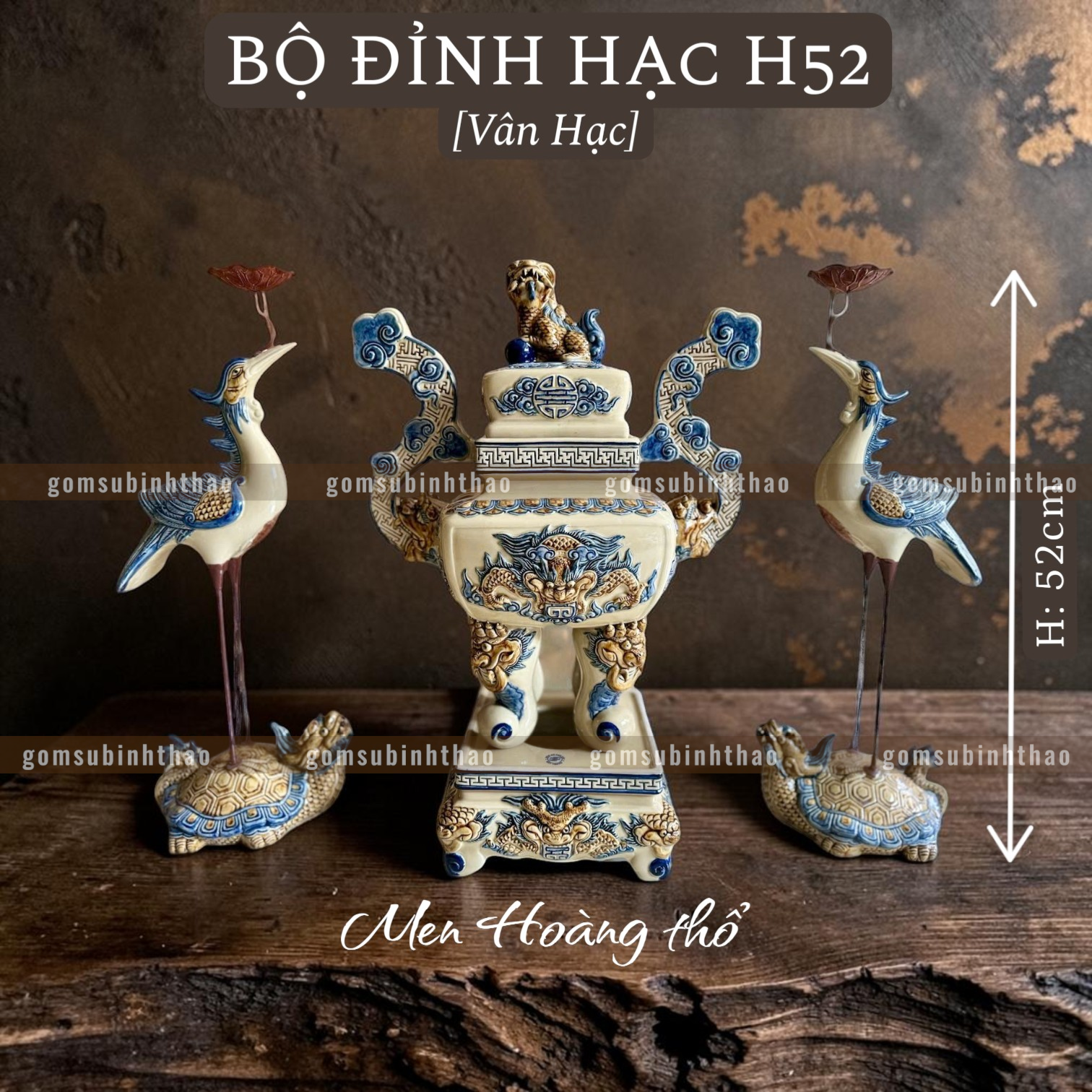  Bộ Đỉnh Hạc Tam sự men Hoàng tộc họa tiết nổi - Gốm Nghệ nhân Bát Tràng 