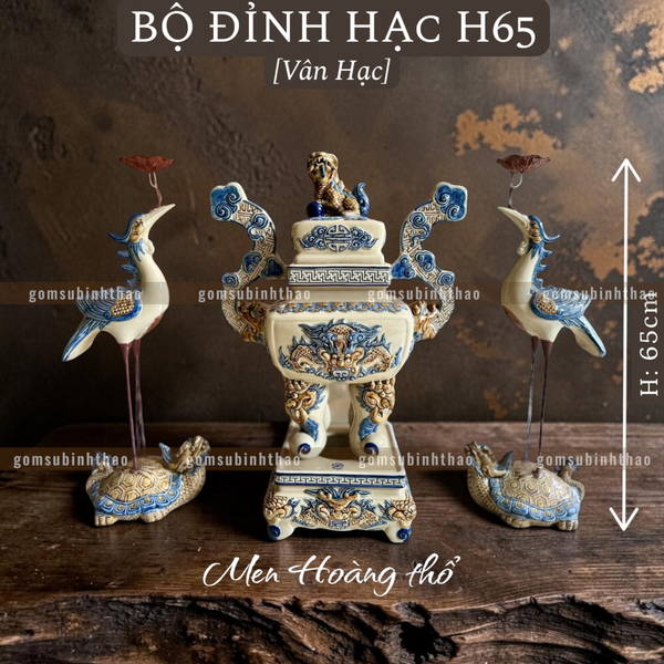  Bộ Đỉnh Hạc Tam sự men Hoàng tộc họa tiết nổi - Gốm Nghệ nhân Bát Tràng 