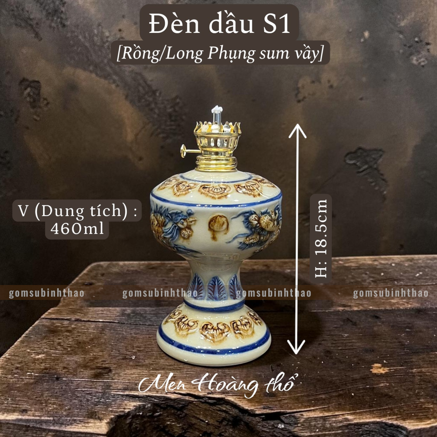  Đèn dầu Rồng phượng Men hoàng thổ Đắp nổi Cao cấp - Gốm Nghệ nhân Bát Tràng 