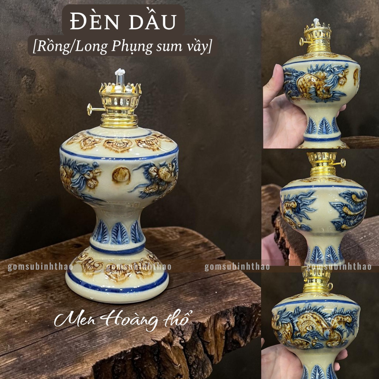  Đèn dầu Rồng phượng Men hoàng thổ Đắp nổi Cao cấp - Gốm Nghệ nhân Bát Tràng 