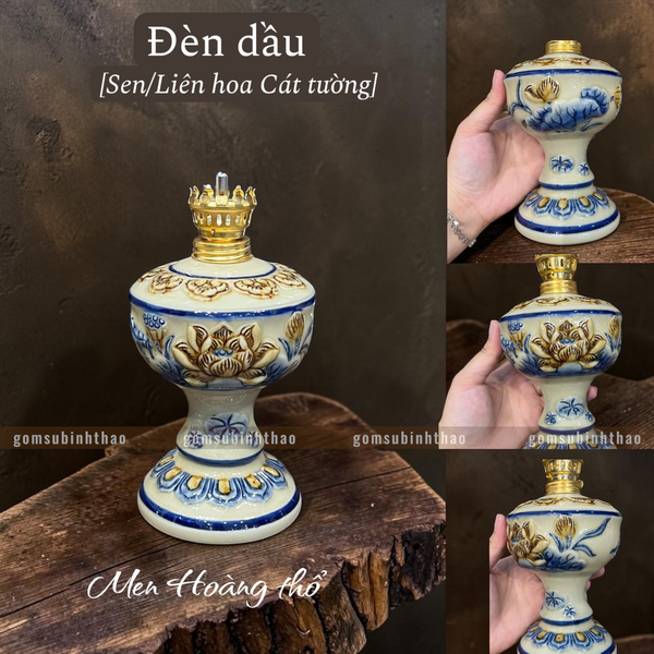  Đèn dầu Sen Men hoàng thổ Đắp nổi Cao cấp - Gốm Nghệ nhân Bát Tràng 