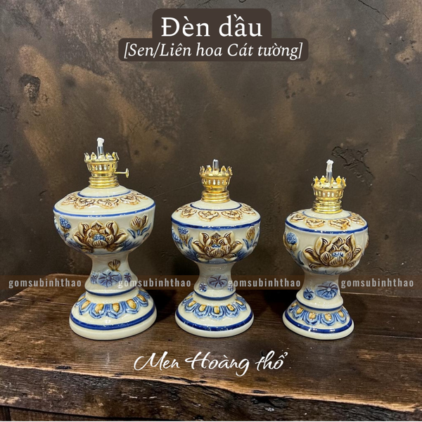  Đèn dầu Sen Men hoàng thổ Đắp nổi Cao cấp - Gốm Nghệ nhân Bát Tràng 