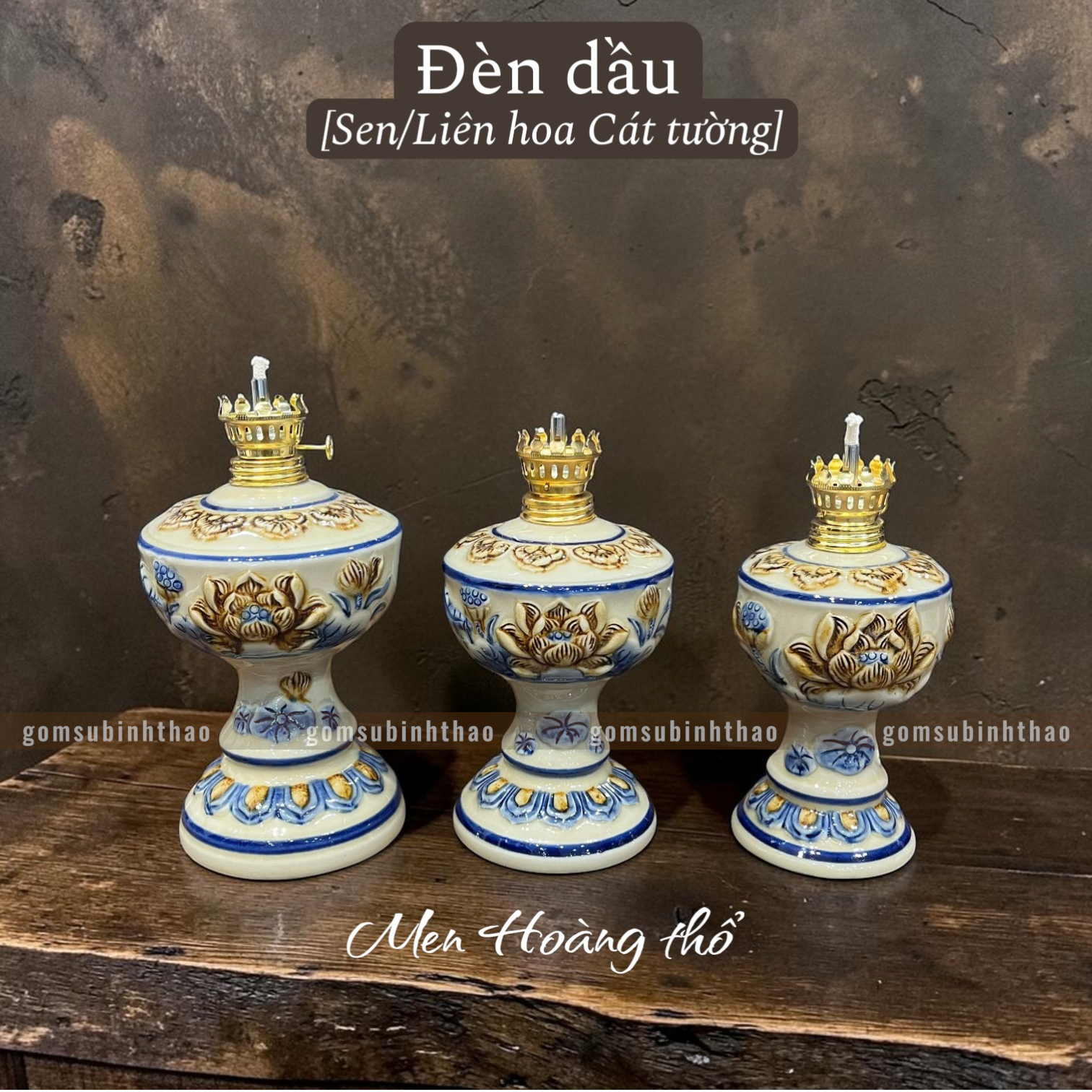  Đèn dầu Sen Men hoàng thổ Đắp nổi Cao cấp - Gốm Nghệ nhân Bát Tràng 