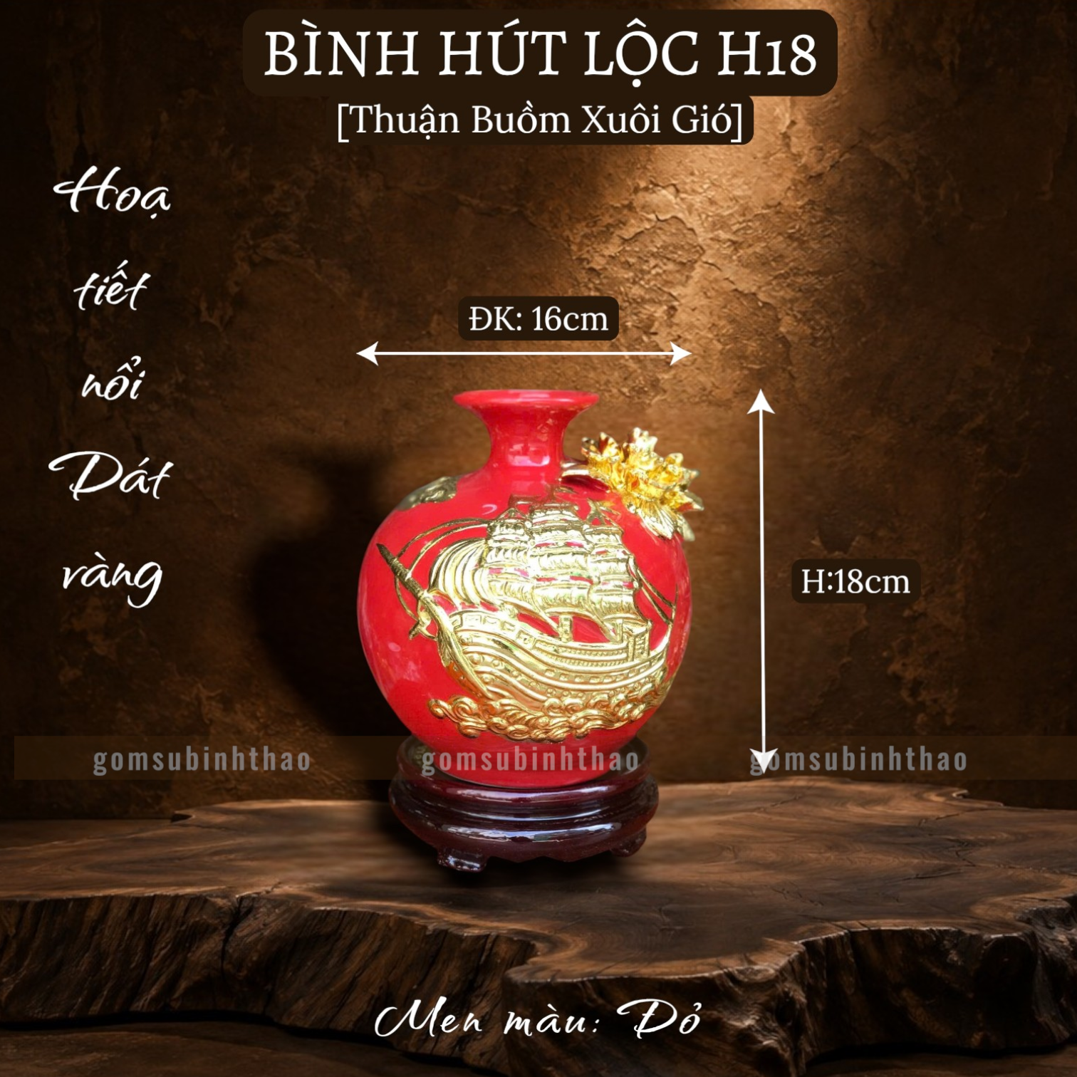  Bình phong thủy thu hút tài lộc Gốm sứ Bát Tràng dát vàng cao cấp HLVHTBDV 