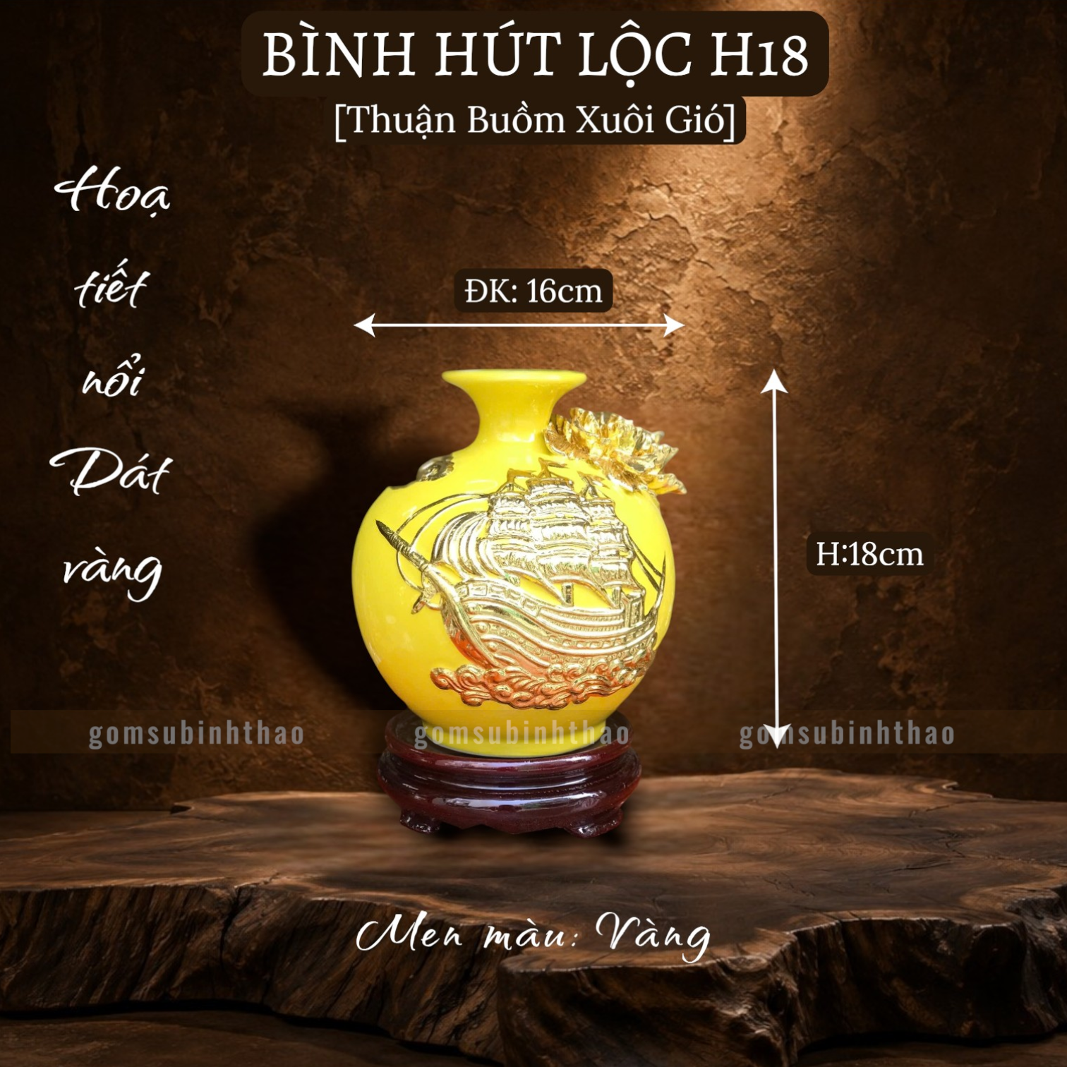  Bình phong thủy thu hút tài lộc Gốm sứ Bát Tràng dát vàng cao cấp HLVHTBDV 