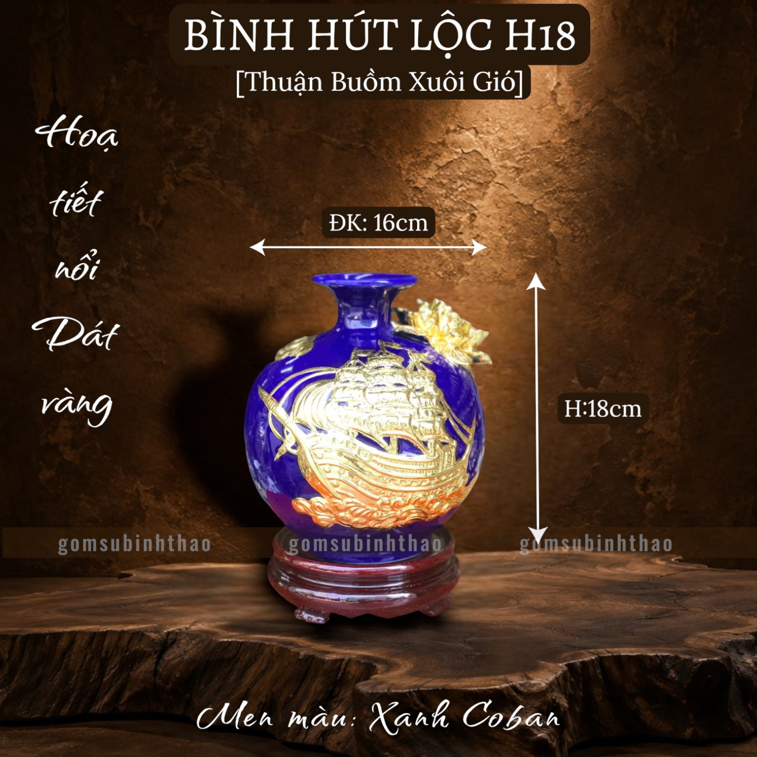  Bình phong thủy thu hút tài lộc Gốm sứ Bát Tràng dát vàng cao cấp HLVHTBDV 
