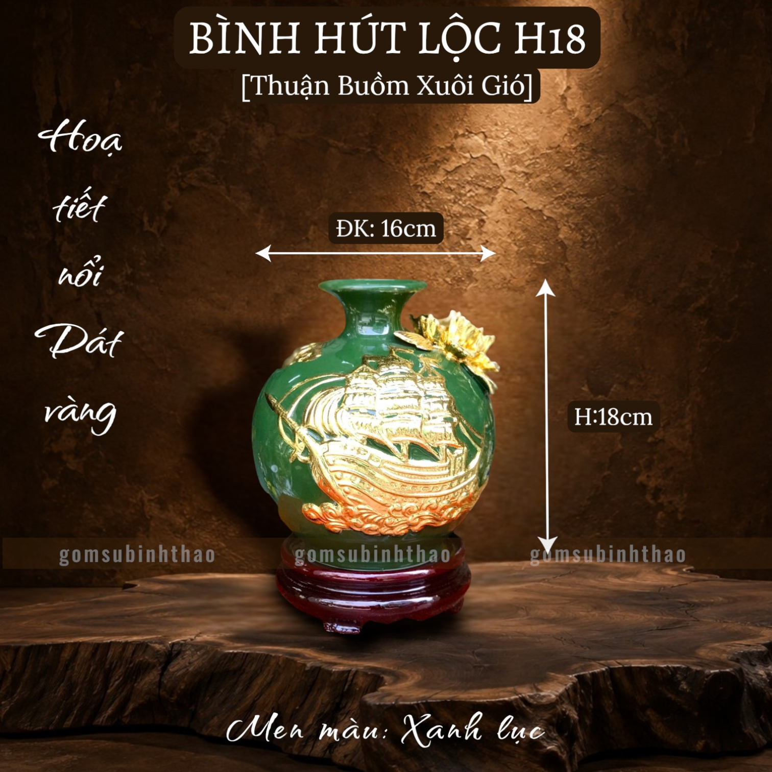  Bình phong thủy thu hút tài lộc Gốm sứ Bát Tràng dát vàng cao cấp HLVHTBDV 
