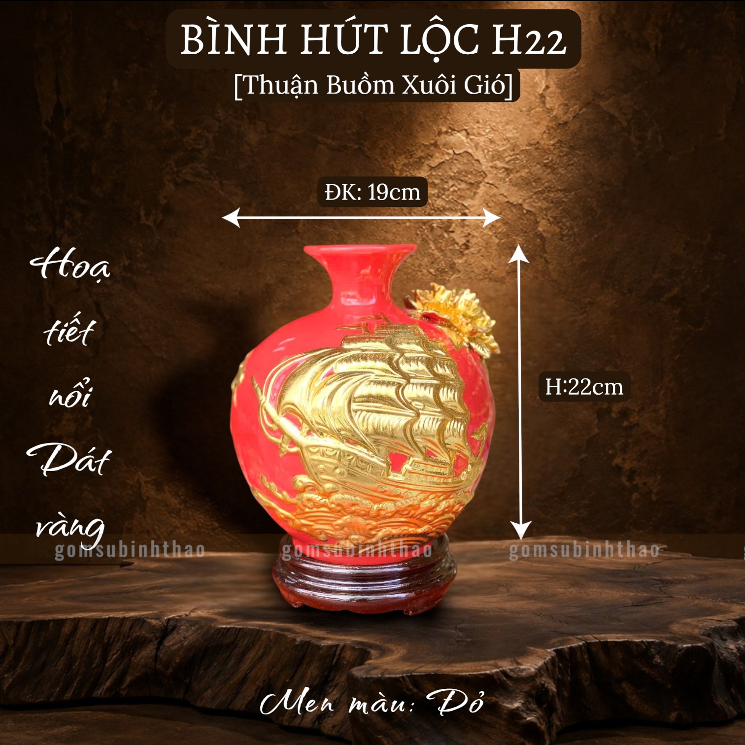  Bình phong thủy thu hút tài lộc Gốm sứ Bát Tràng dát vàng cao cấp HLVHTBDV 