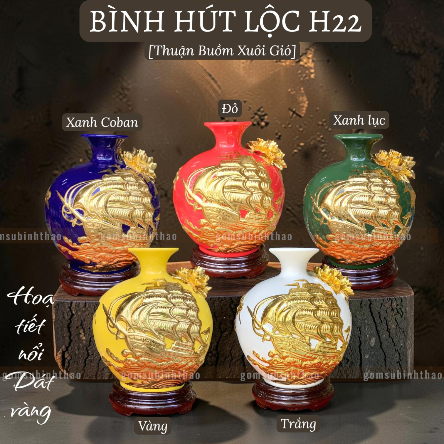  Bình phong thủy thu hút tài lộc Gốm sứ Bát Tràng dát vàng cao cấp HLVHTBDV 