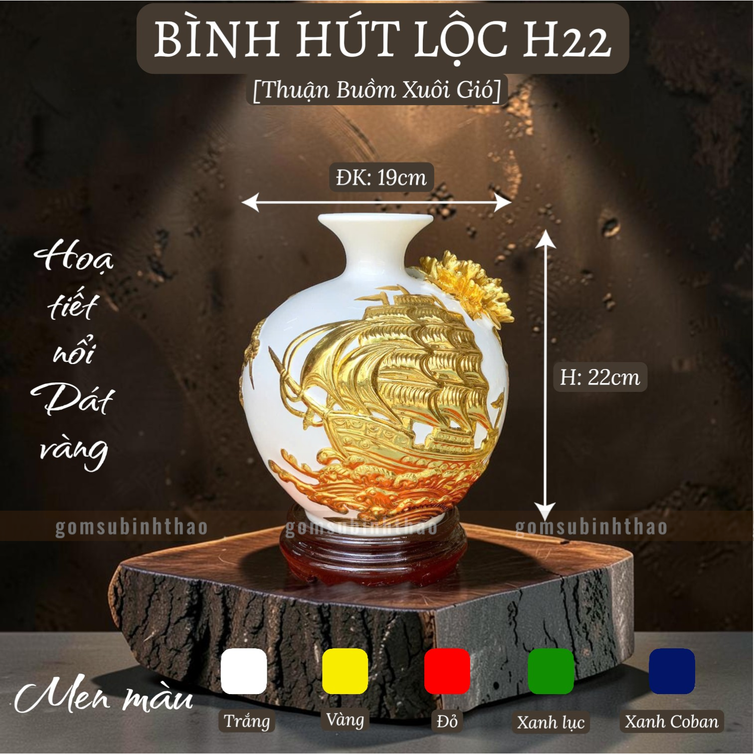  Bình phong thủy thu hút tài lộc Gốm sứ Bát Tràng dát vàng cao cấp HLVHTBDV 