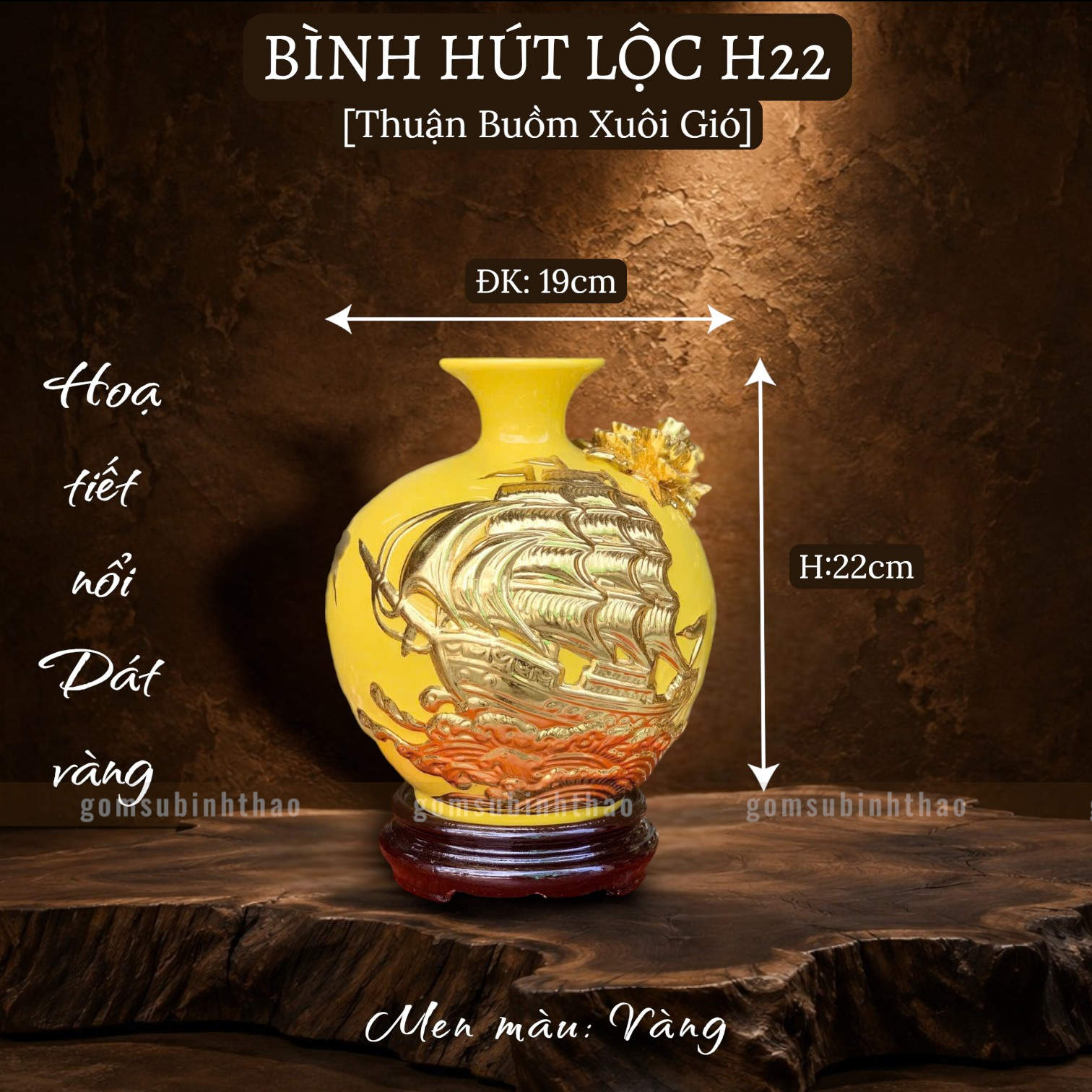  Bình phong thủy thu hút tài lộc Gốm sứ Bát Tràng dát vàng cao cấp HLVHTBDV 