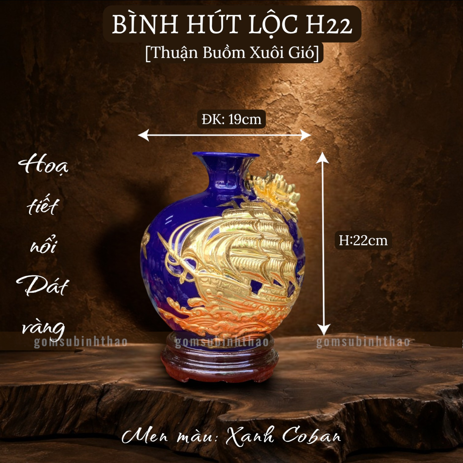  Bình phong thủy thu hút tài lộc Gốm sứ Bát Tràng dát vàng cao cấp HLVHTBDV 