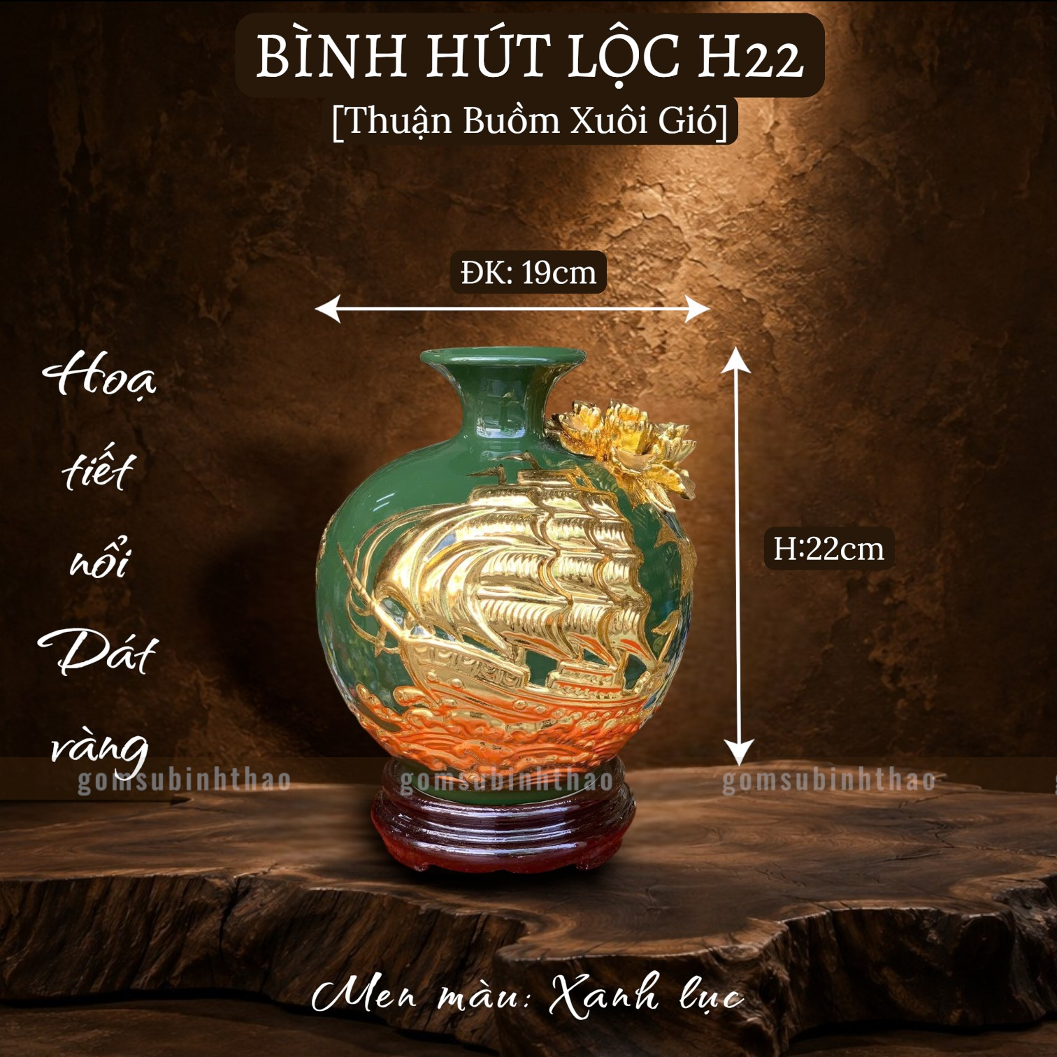  Bình phong thủy thu hút tài lộc Gốm sứ Bát Tràng dát vàng cao cấp HLVHTBDV 