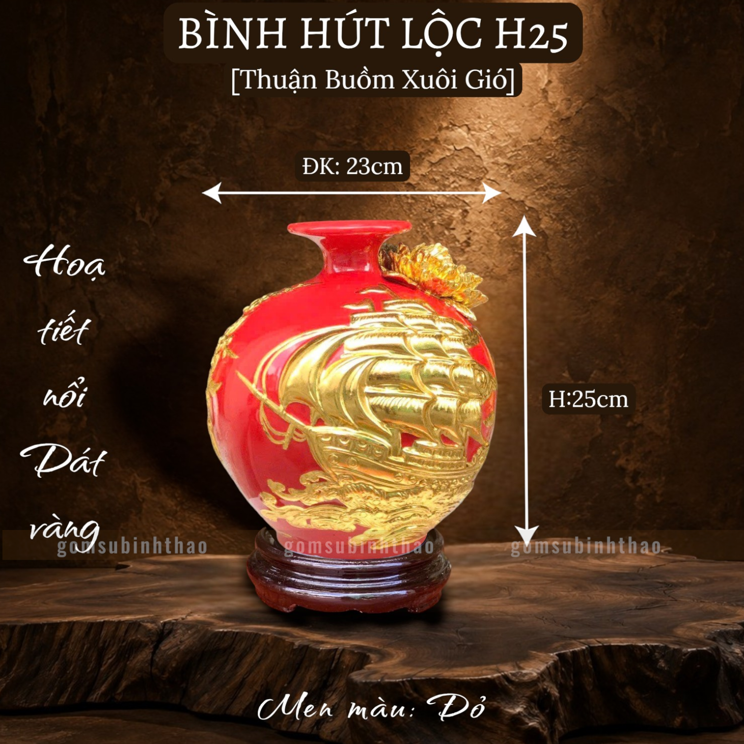  Bình phong thủy thu hút tài lộc Gốm sứ Bát Tràng dát vàng cao cấp HLVHTBDV 