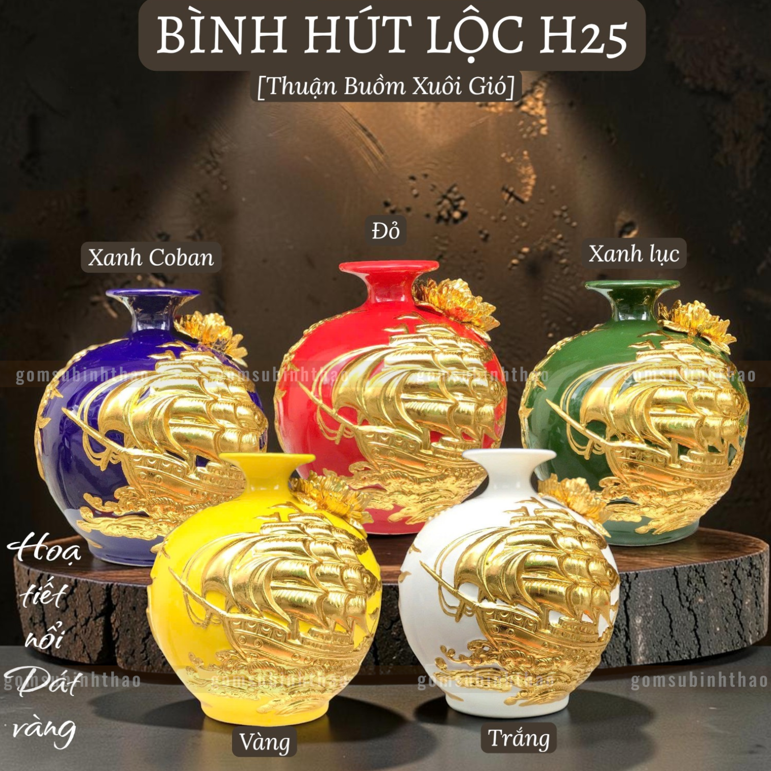  Bình phong thủy thu hút tài lộc Gốm sứ Bát Tràng dát vàng cao cấp HLVHTBDV 