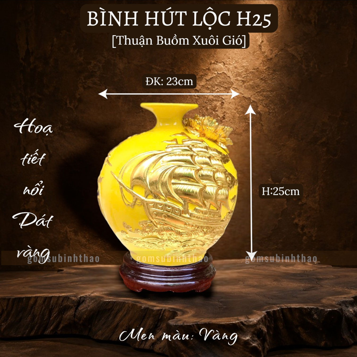  Bình phong thủy thu hút tài lộc Gốm sứ Bát Tràng dát vàng cao cấp HLVHTBDV 