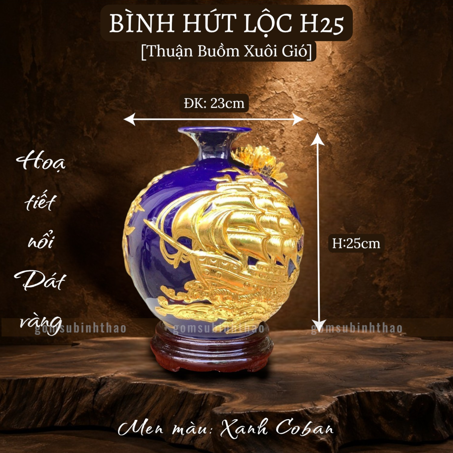  Bình phong thủy thu hút tài lộc Gốm sứ Bát Tràng dát vàng cao cấp HLVHTBDV 
