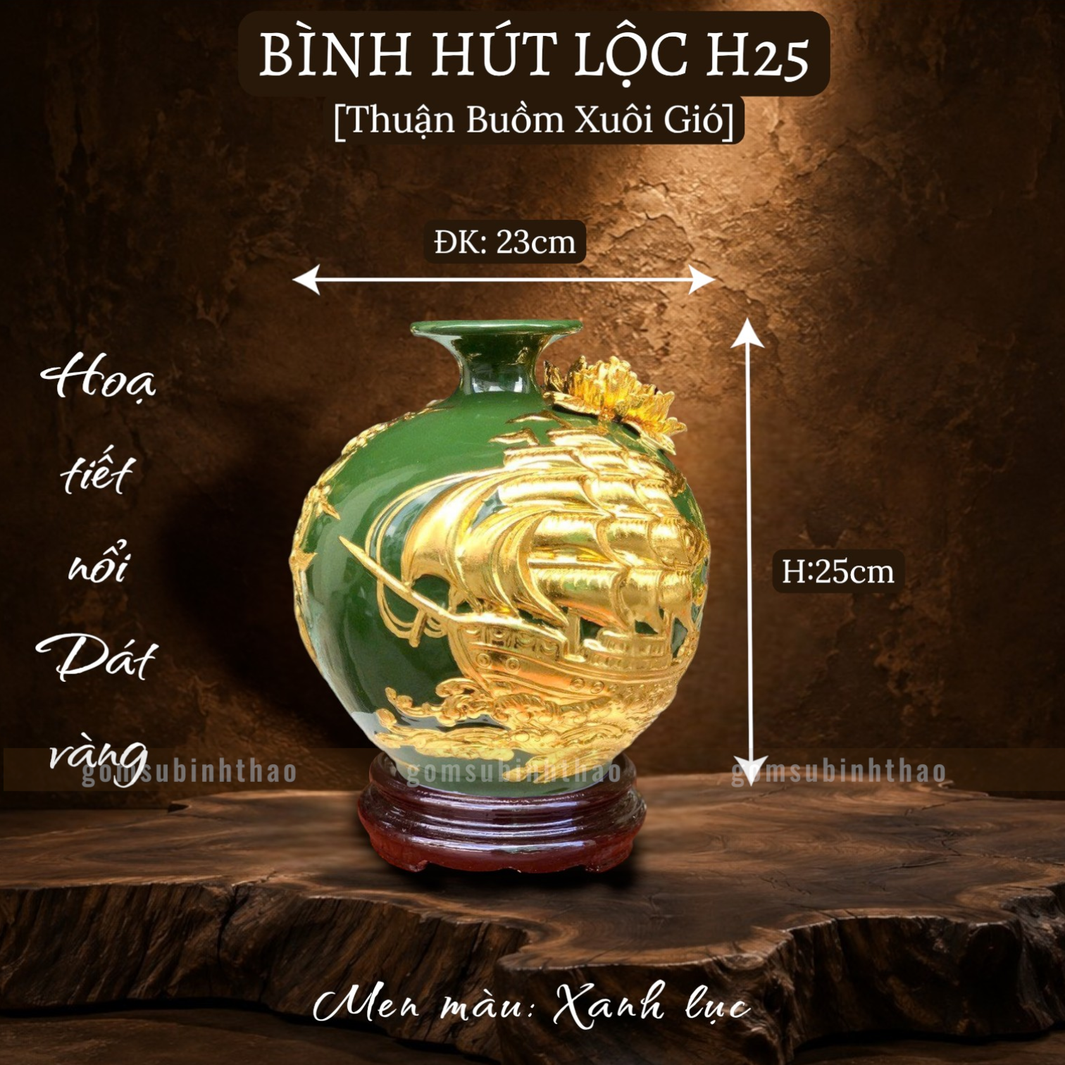  Bình phong thủy thu hút tài lộc Gốm sứ Bát Tràng dát vàng cao cấp HLVHTBDV 