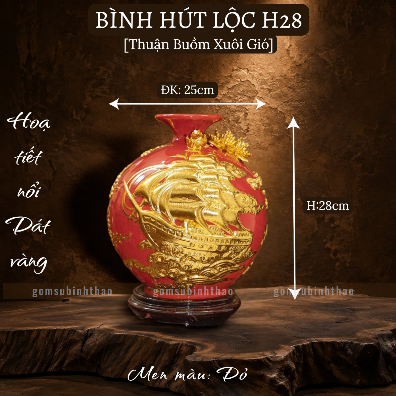  Bình phong thủy thu hút tài lộc Gốm sứ Bát Tràng dát vàng cao cấp HLVHTBDV 