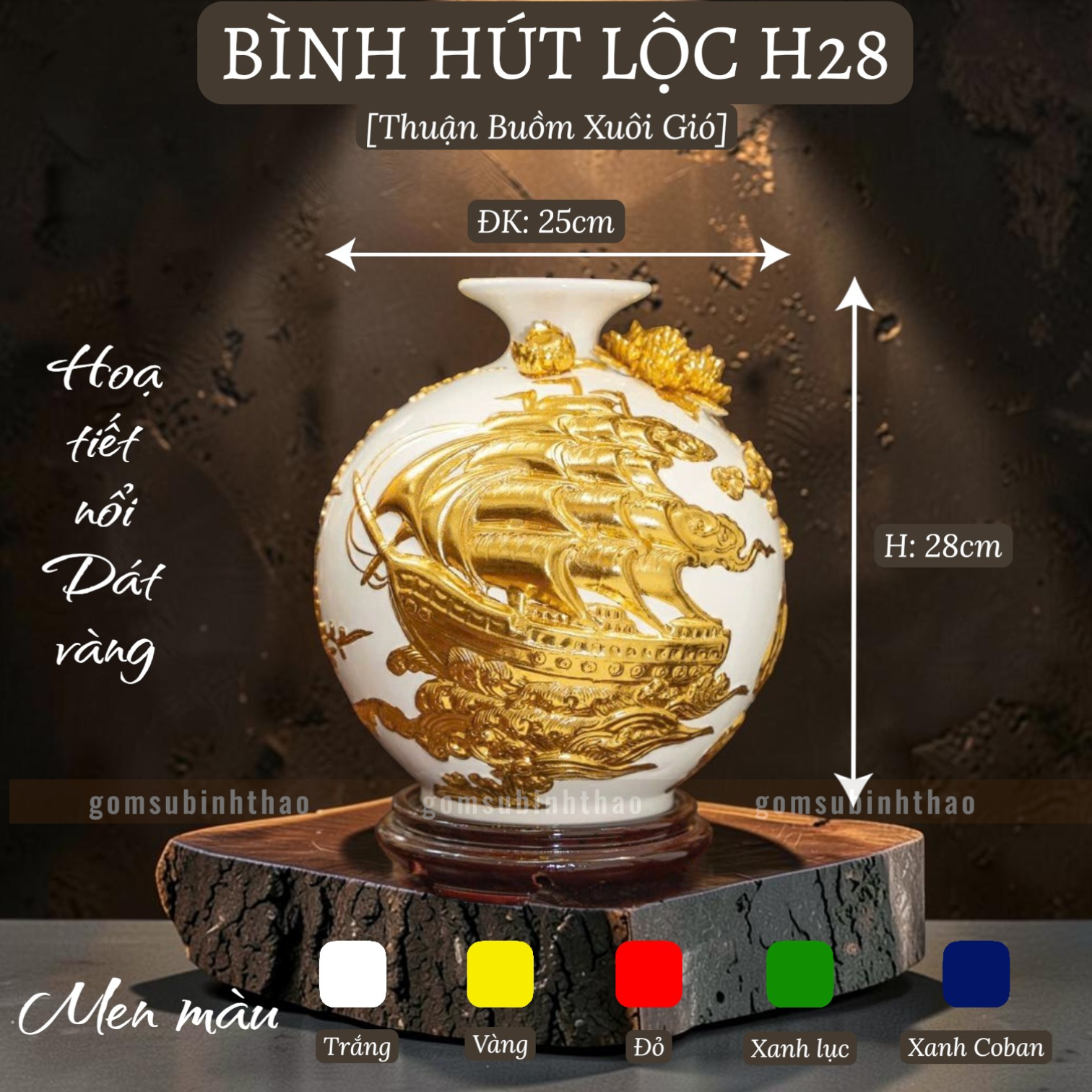  Bình phong thủy thu hút tài lộc Gốm sứ Bát Tràng dát vàng cao cấp HLVHTBDV 