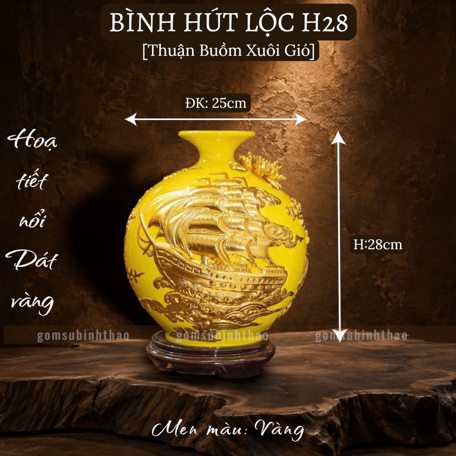  Bình phong thủy thu hút tài lộc Gốm sứ Bát Tràng dát vàng cao cấp HLVHTBDV 