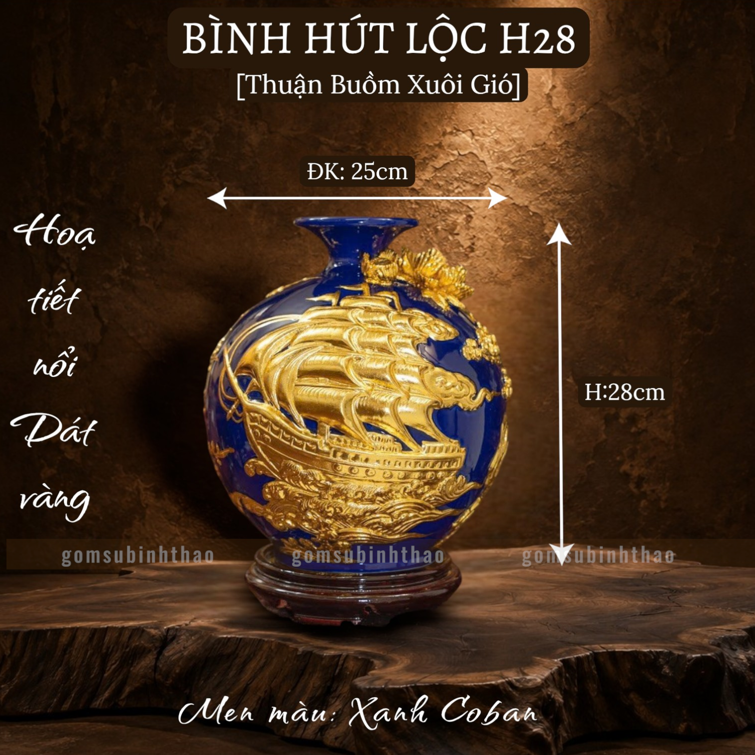  Bình phong thủy thu hút tài lộc Gốm sứ Bát Tràng dát vàng cao cấp HLVHTBDV 