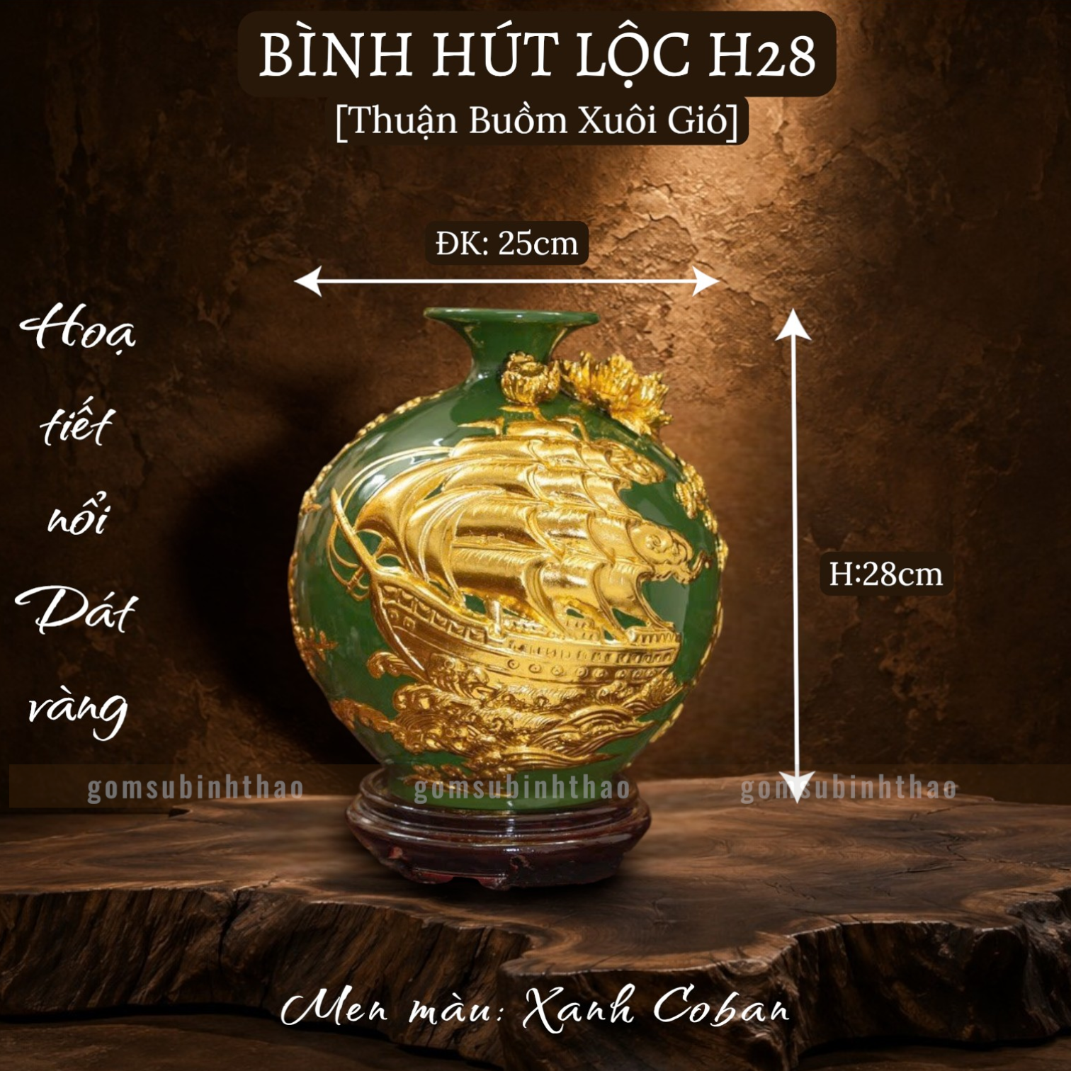  Bình phong thủy thu hút tài lộc Gốm sứ Bát Tràng dát vàng cao cấp HLVHTBDV 