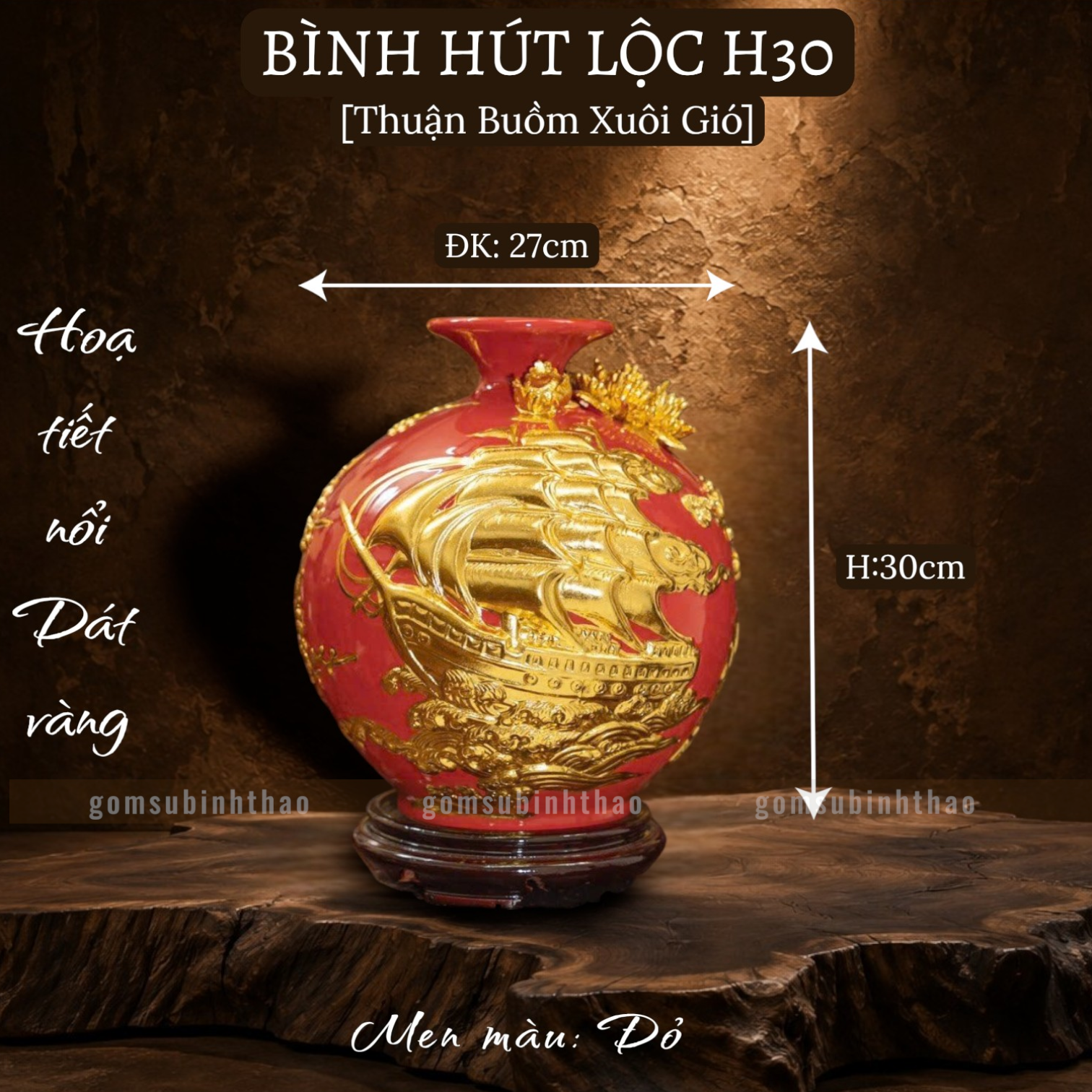  Bình phong thủy thu hút tài lộc Gốm sứ Bát Tràng dát vàng cao cấp HLVHTBDV 