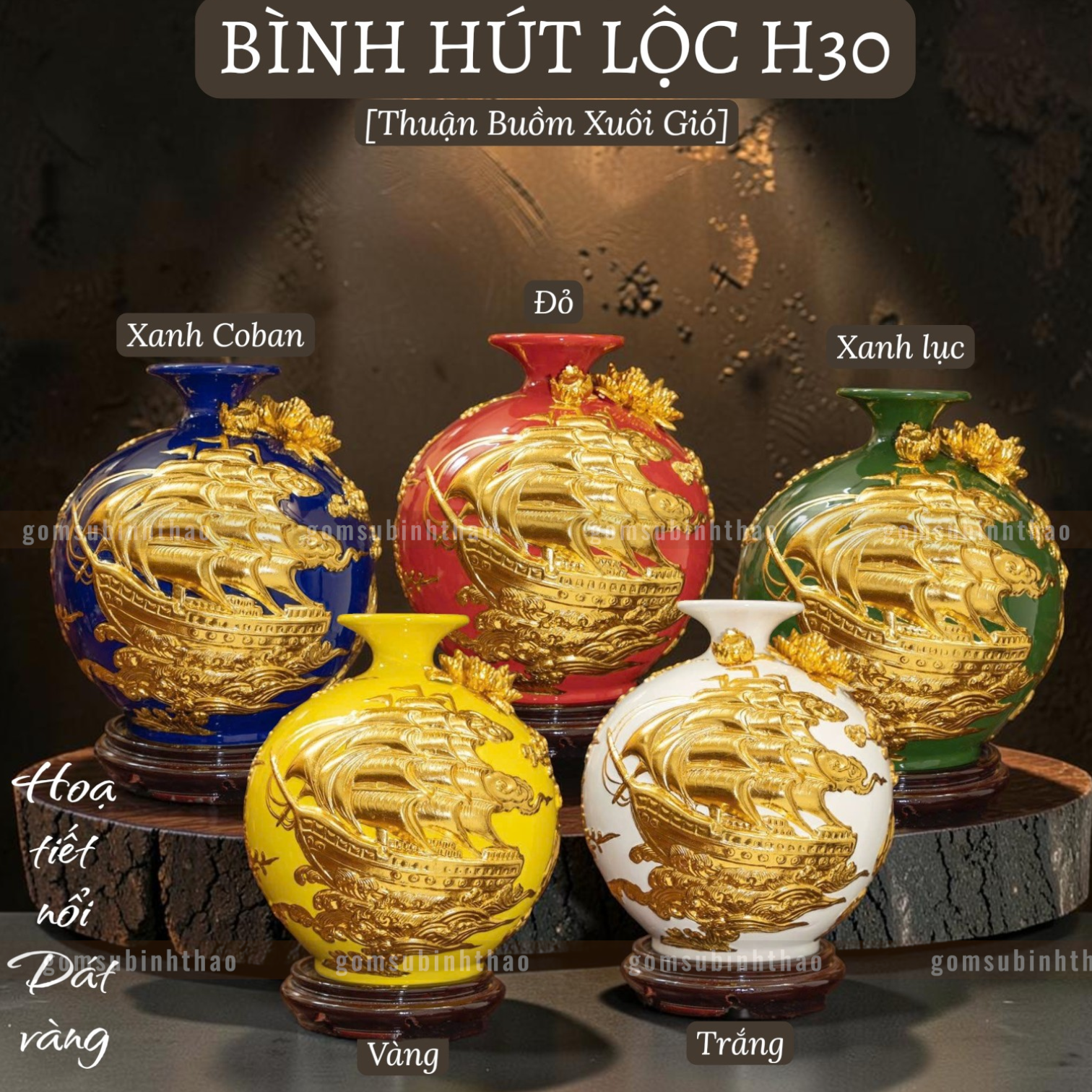  Bình phong thủy thu hút tài lộc Gốm sứ Bát Tràng dát vàng cao cấp HLVHTBDV 