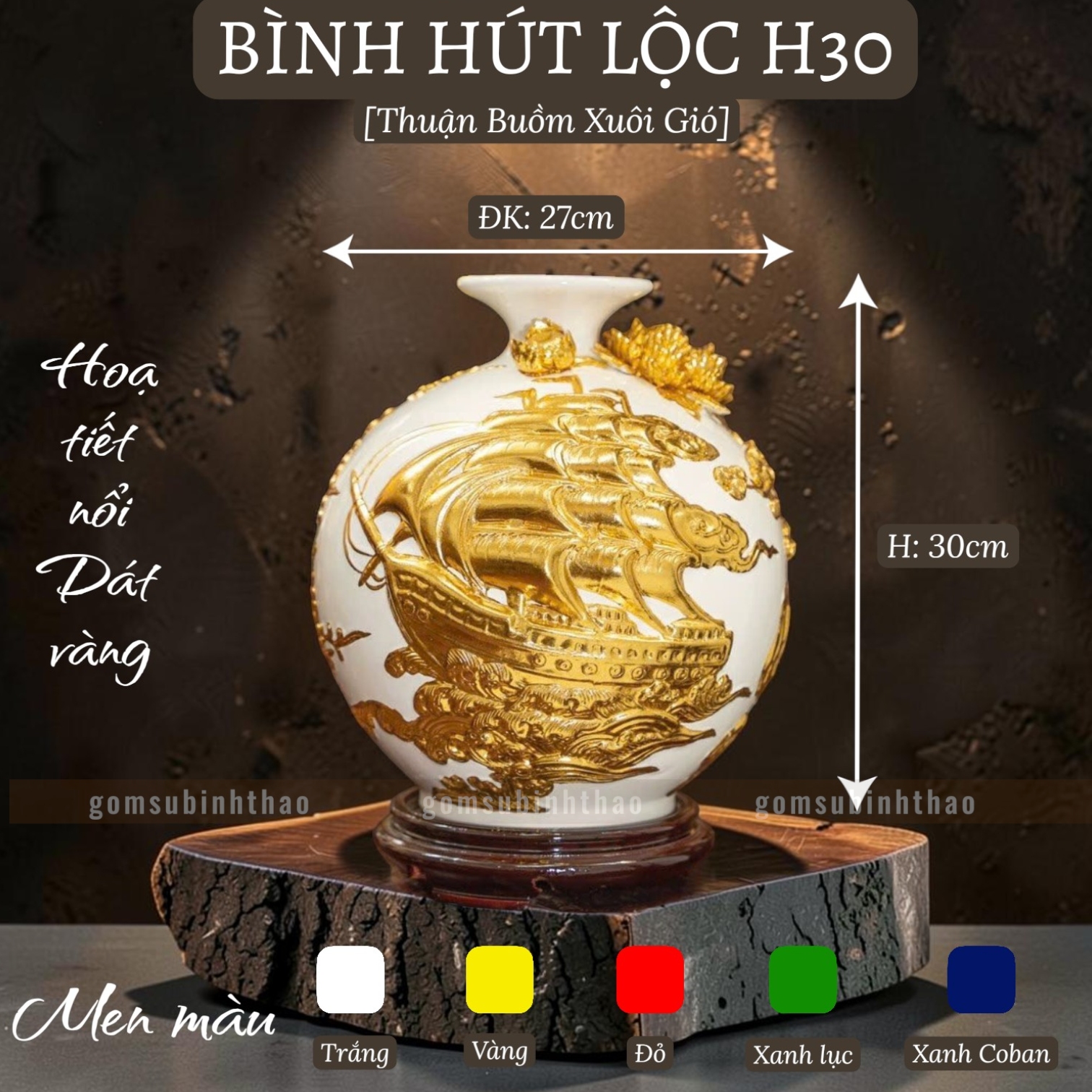  Bình phong thủy thu hút tài lộc Gốm sứ Bát Tràng dát vàng cao cấp HLVHTBDV 