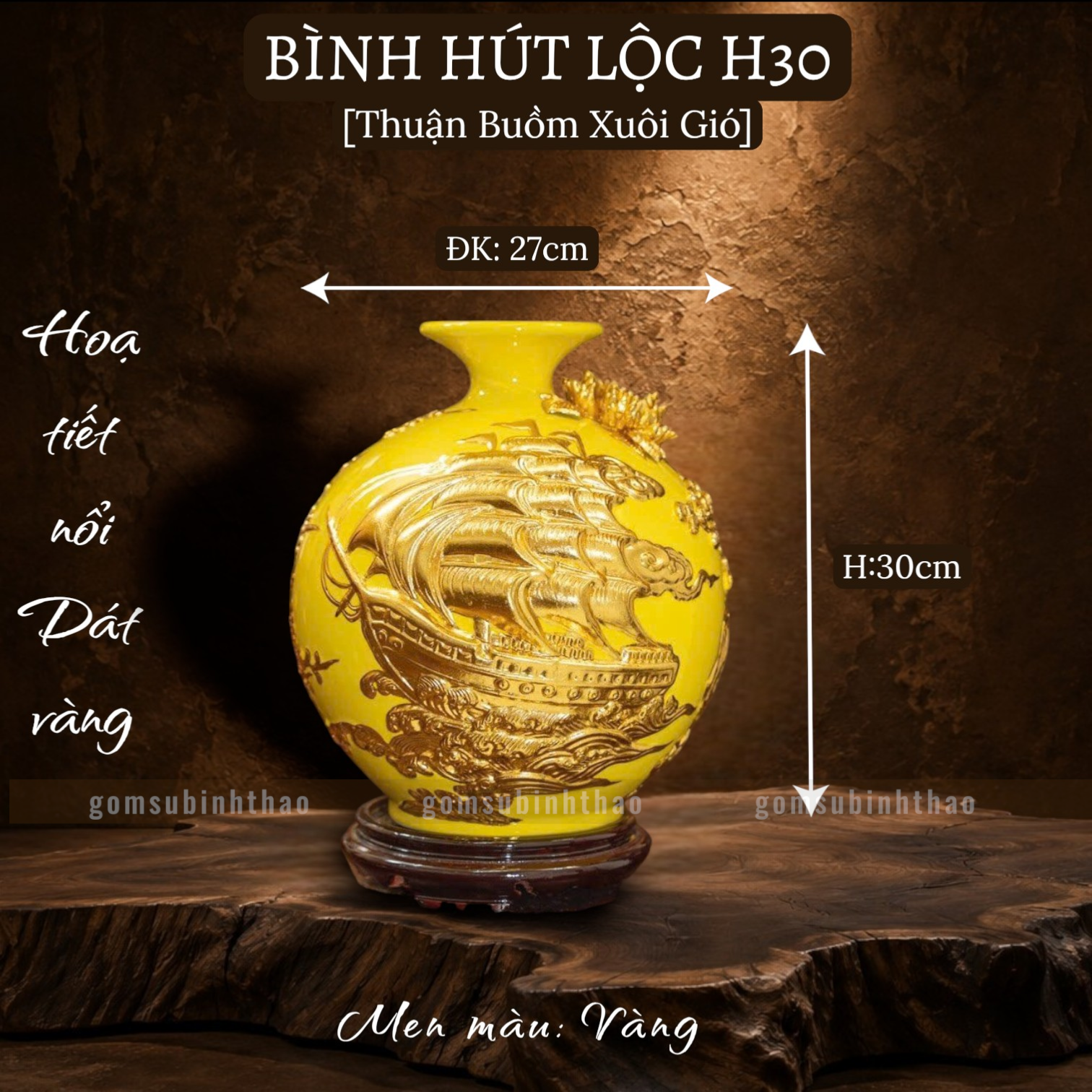  Bình phong thủy thu hút tài lộc Gốm sứ Bát Tràng dát vàng cao cấp HLVHTBDV 