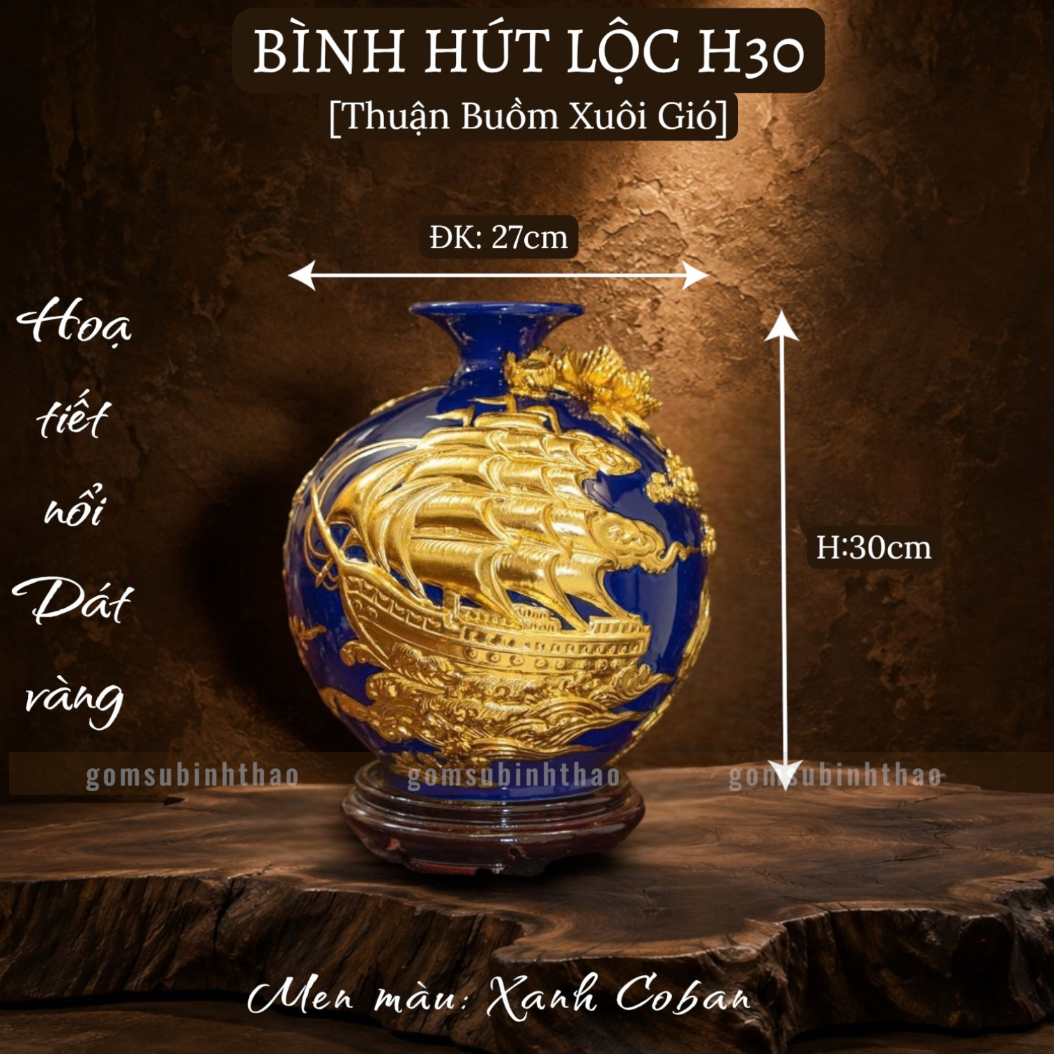  Bình phong thủy thu hút tài lộc Gốm sứ Bát Tràng dát vàng cao cấp HLVHTBDV 
