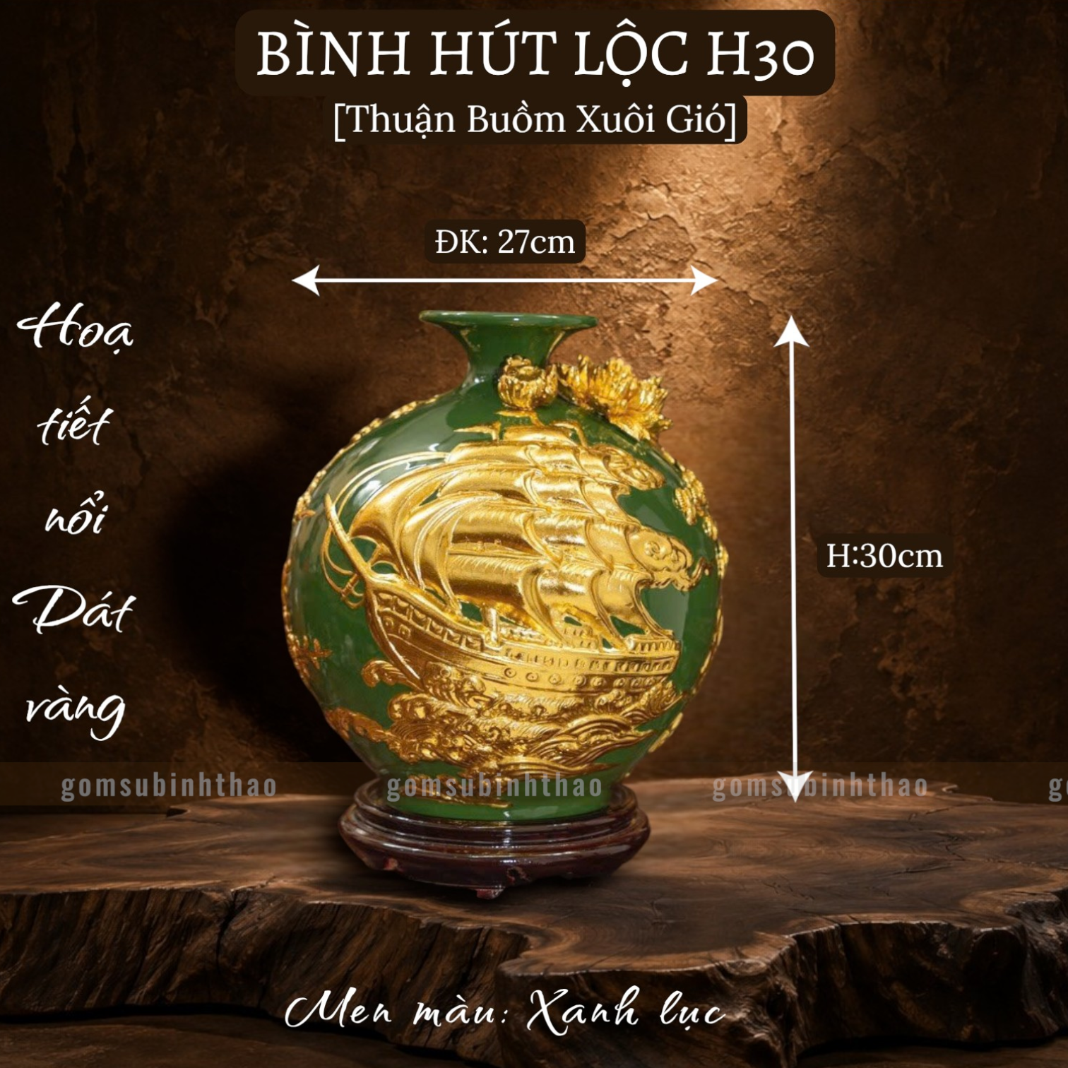  Bình phong thủy thu hút tài lộc Gốm sứ Bát Tràng dát vàng cao cấp HLVHTBDV 