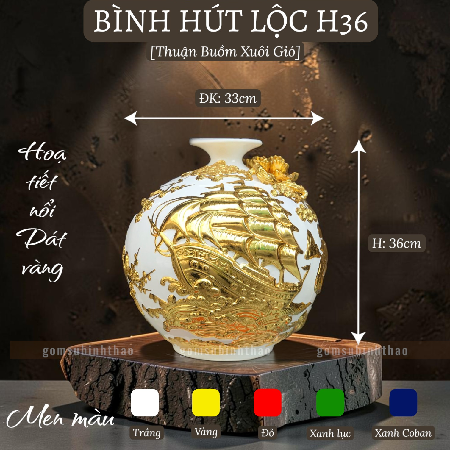  Bình phong thủy thu hút tài lộc Gốm sứ Bát Tràng dát vàng cao cấp HLVHTBDV 