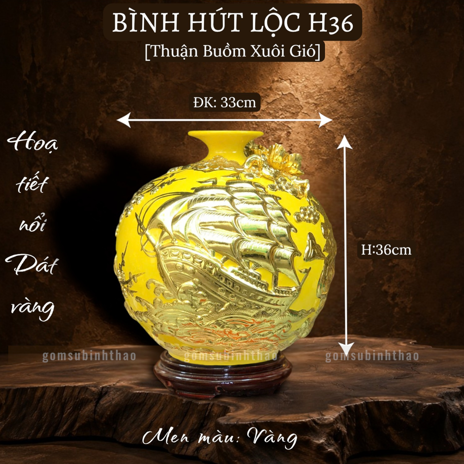  Bình phong thủy thu hút tài lộc Gốm sứ Bát Tràng dát vàng cao cấp HLVHTBDV 