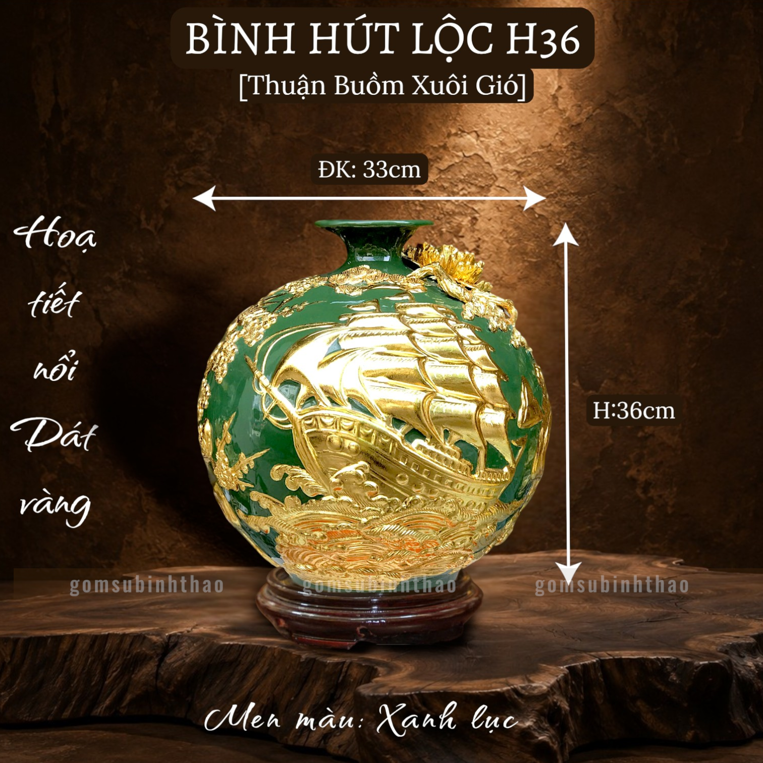  Bình hút lộc men rạn cổ Bát Tràng dát vàng - Thuận buồm xuôi gió HLVHTBDV 