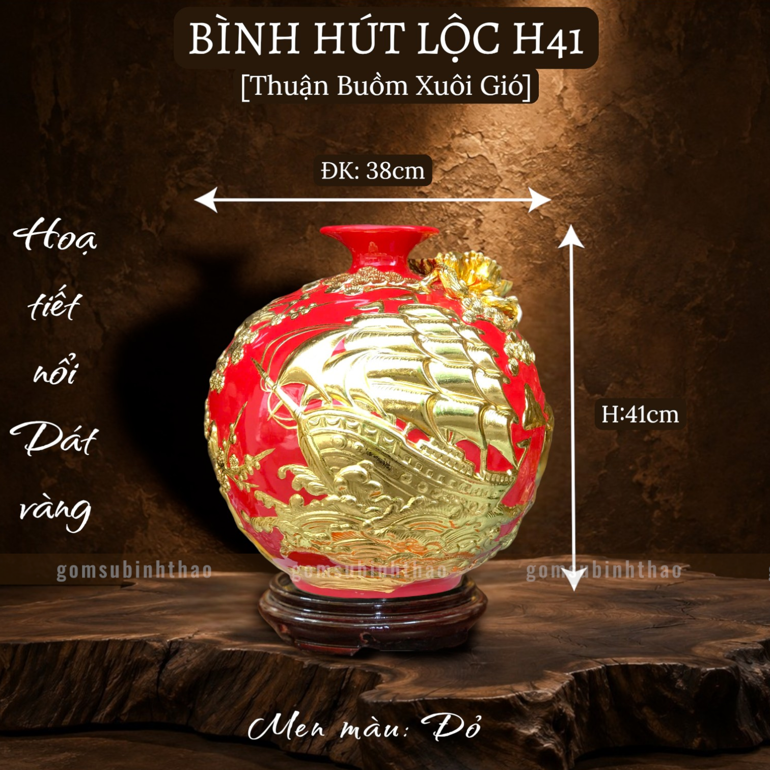  Bình hút lộc men rạn cổ Bát Tràng dát vàng - Thuận buồm xuôi gió HLVHTBDV 