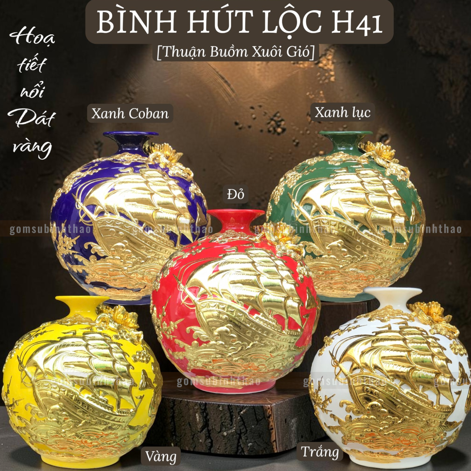  Bình phong thủy thu hút tài lộc Gốm sứ Bát Tràng dát vàng cao cấp HLVHTBDV 