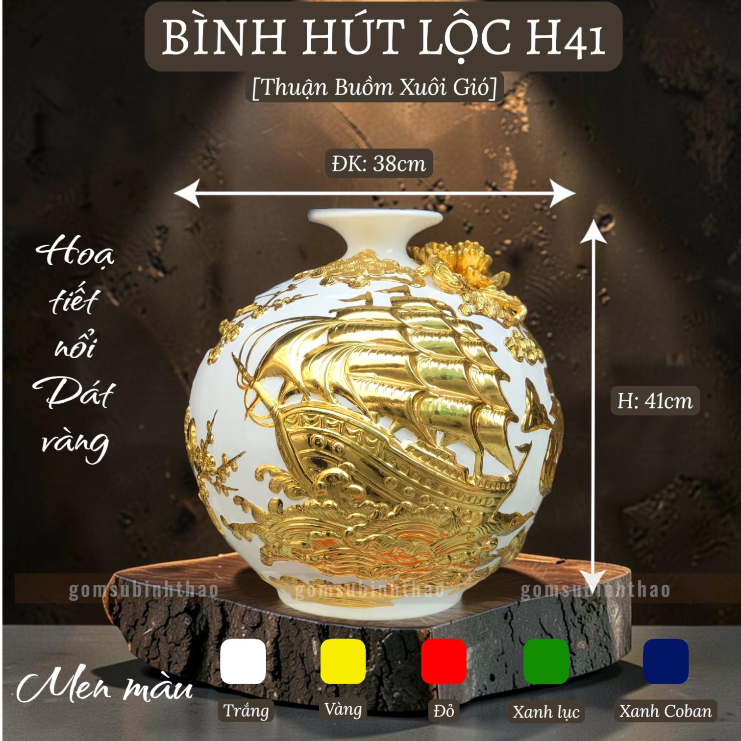  Bình phong thủy thu hút tài lộc Gốm sứ Bát Tràng dát vàng cao cấp HLVHTBDV 