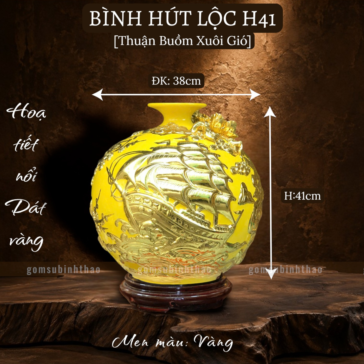  Bình phong thủy thu hút tài lộc Gốm sứ Bát Tràng dát vàng cao cấp HLVHTBDV 