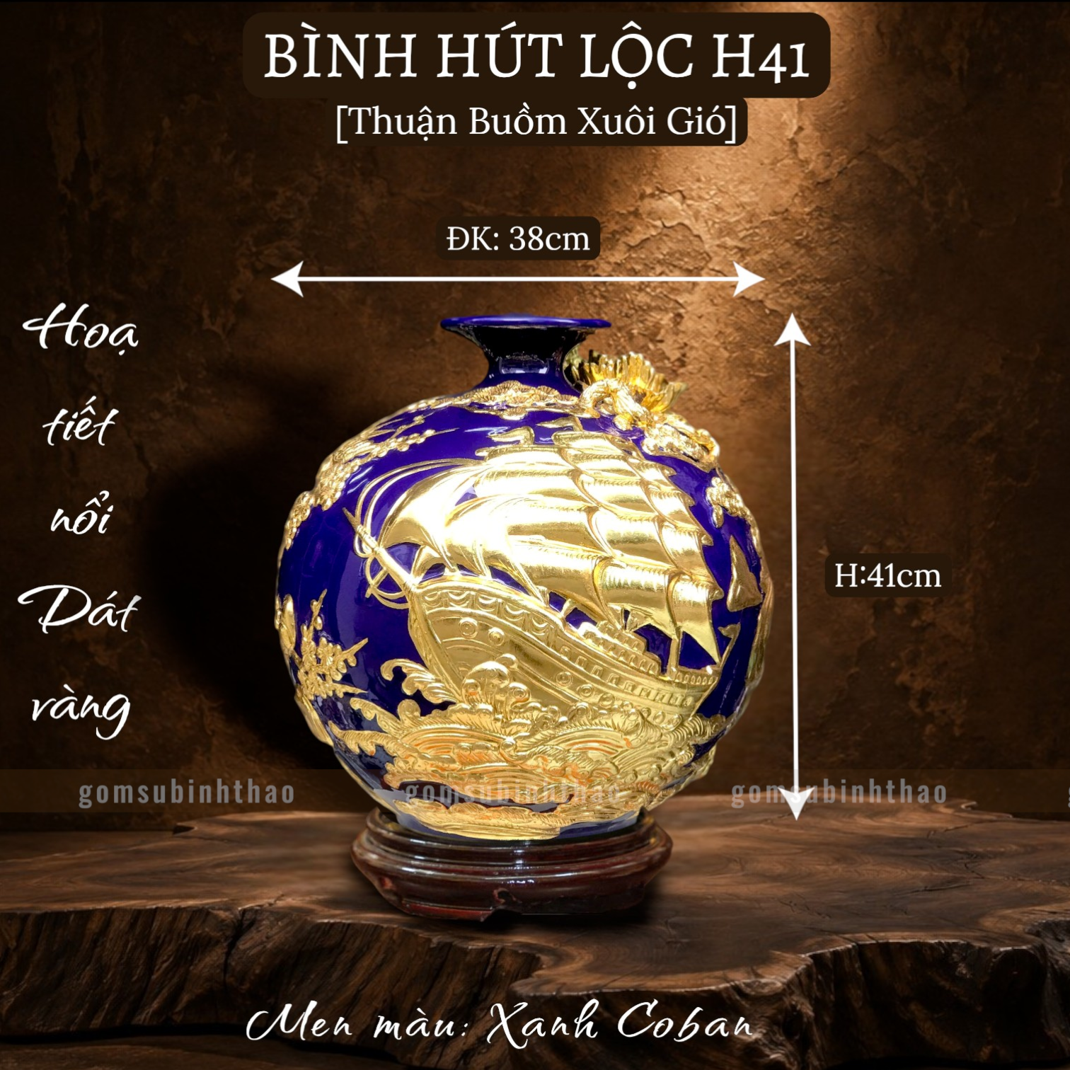  Bình hút lộc men rạn cổ Bát Tràng dát vàng - Thuận buồm xuôi gió HLVHTBDV 